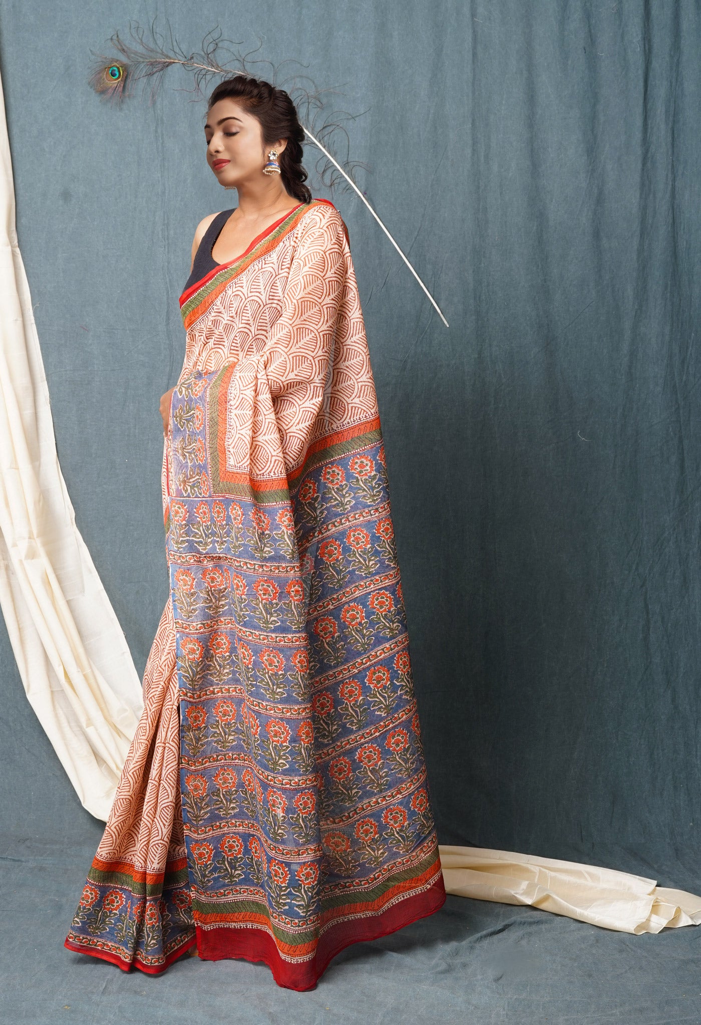 Cream Pure Traditional Bagru Printed Kota Saree