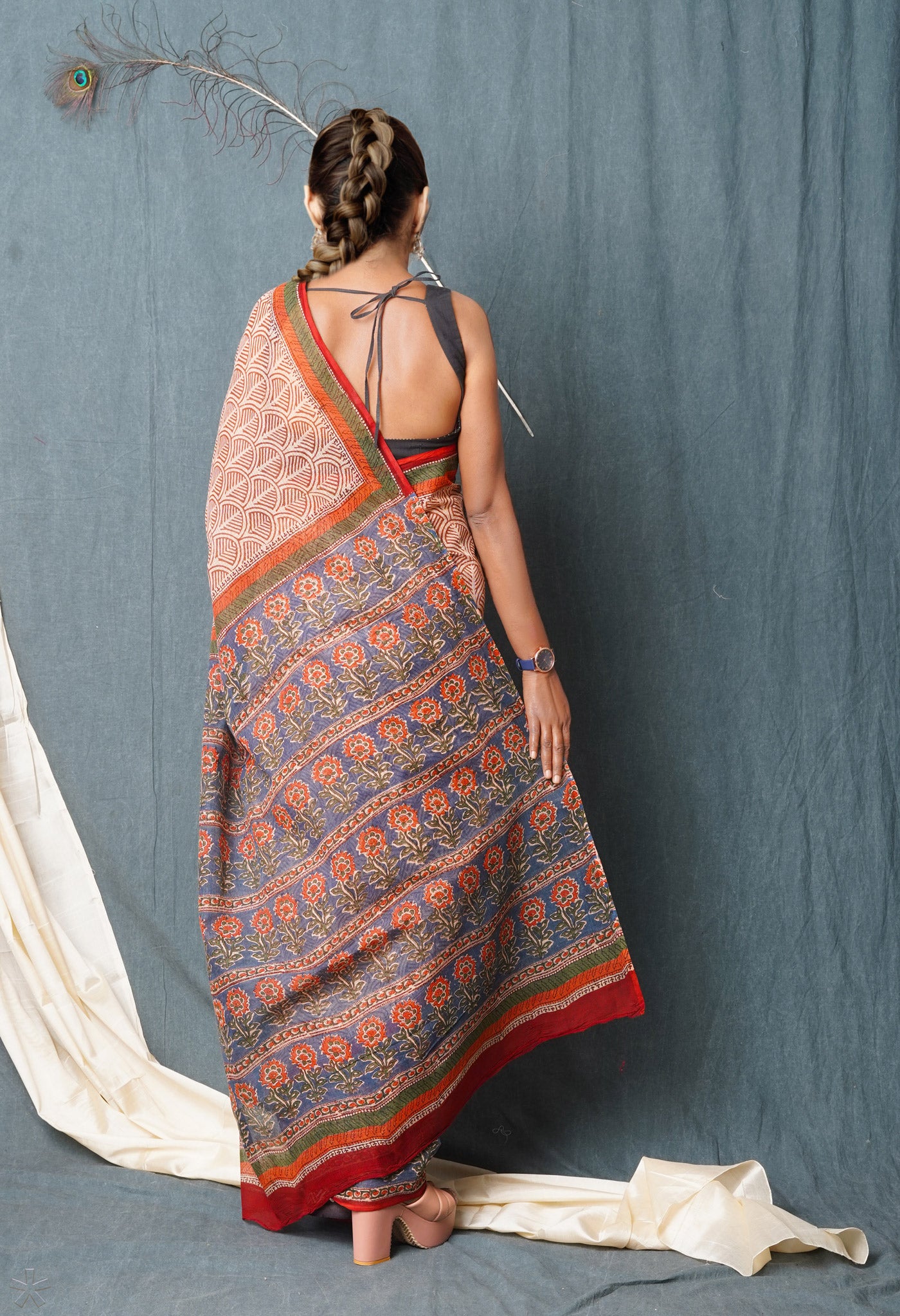 Cream Pure Traditional Bagru Printed Kota Saree