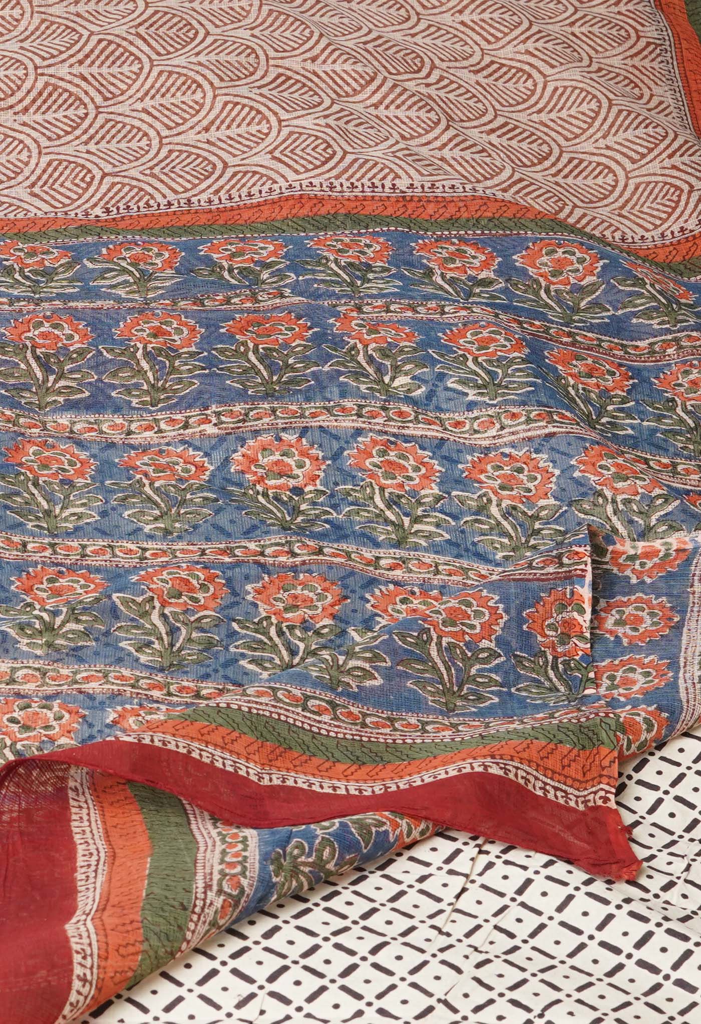 Cream Pure Traditional Bagru Printed Kota Saree