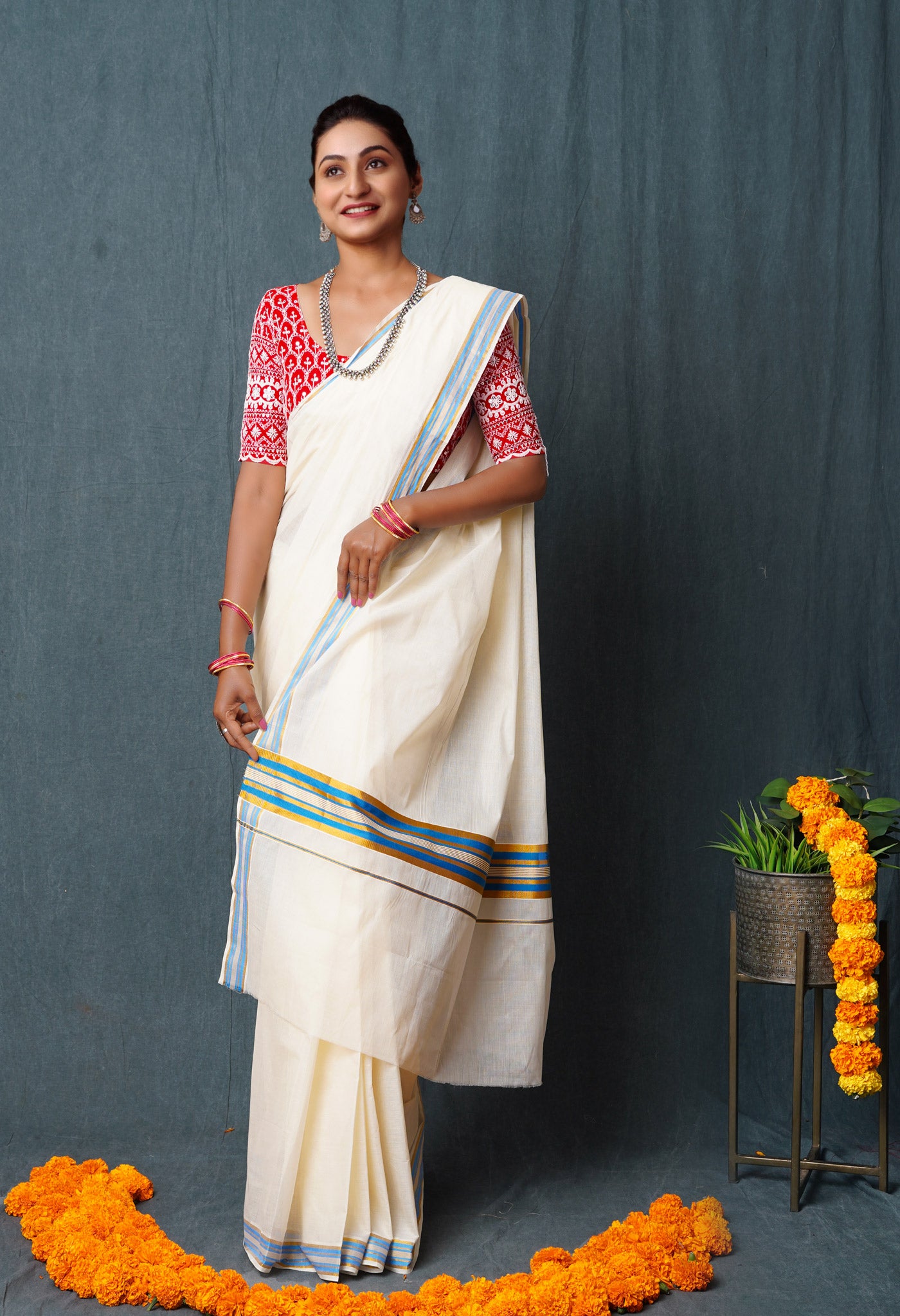 Ivory Pure Kerala Kasavu Cotton Saree-UNM76329