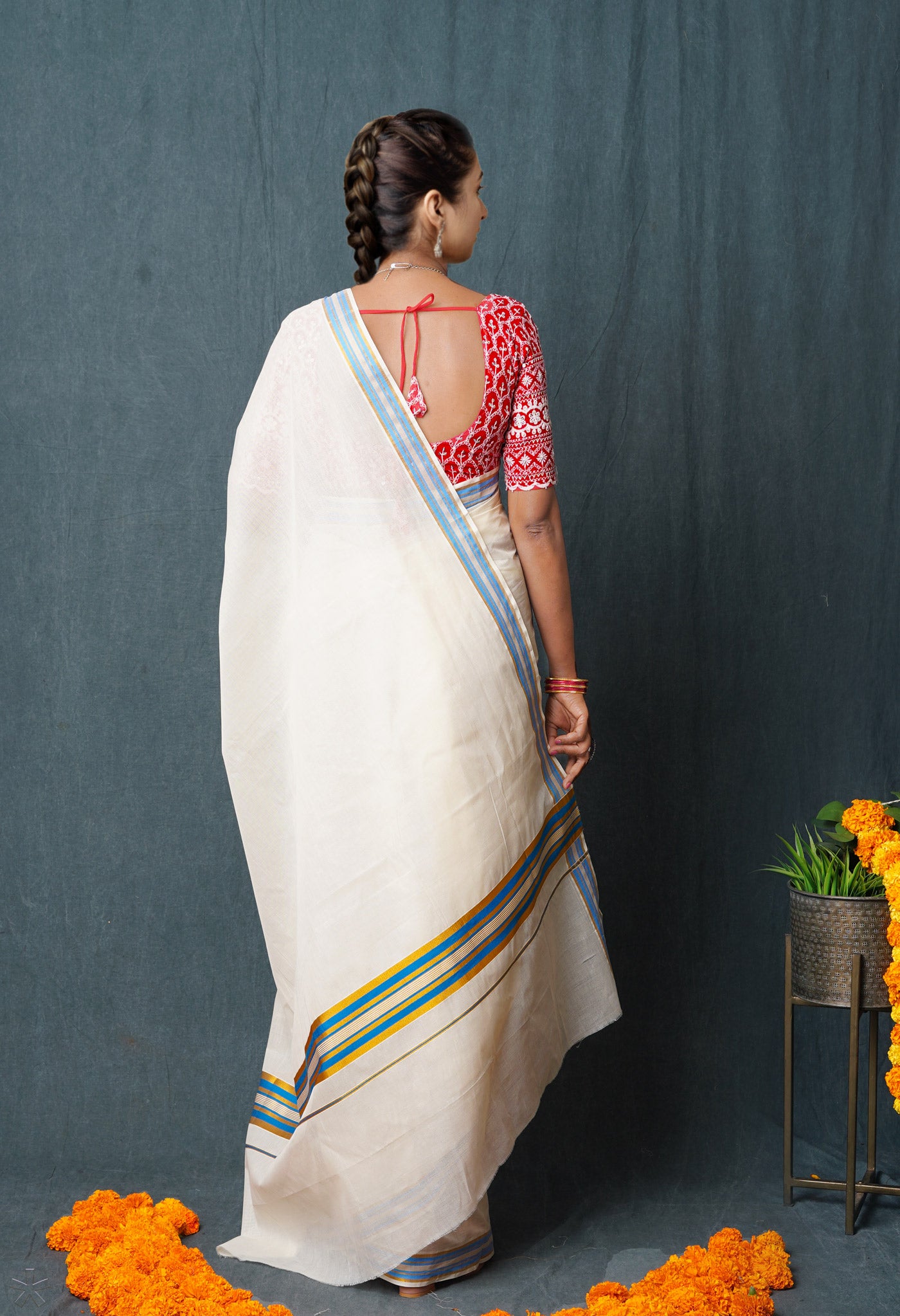 Ivory Pure Kerala Kasavu Cotton Saree-UNM76329