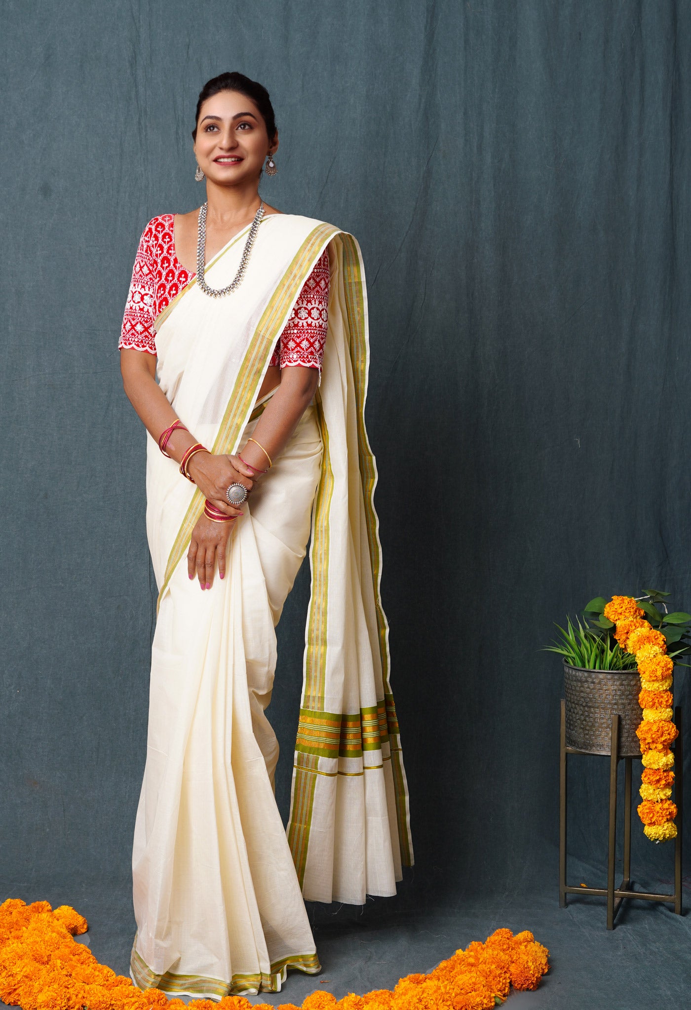 Ivory Pure Kerala Kasavu Cotton Saree-UNM76331