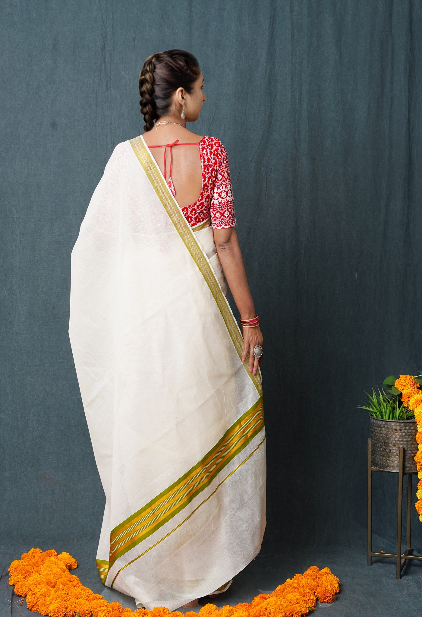 Ivory Pure Kerala Kasavu Cotton Saree-UNM76331