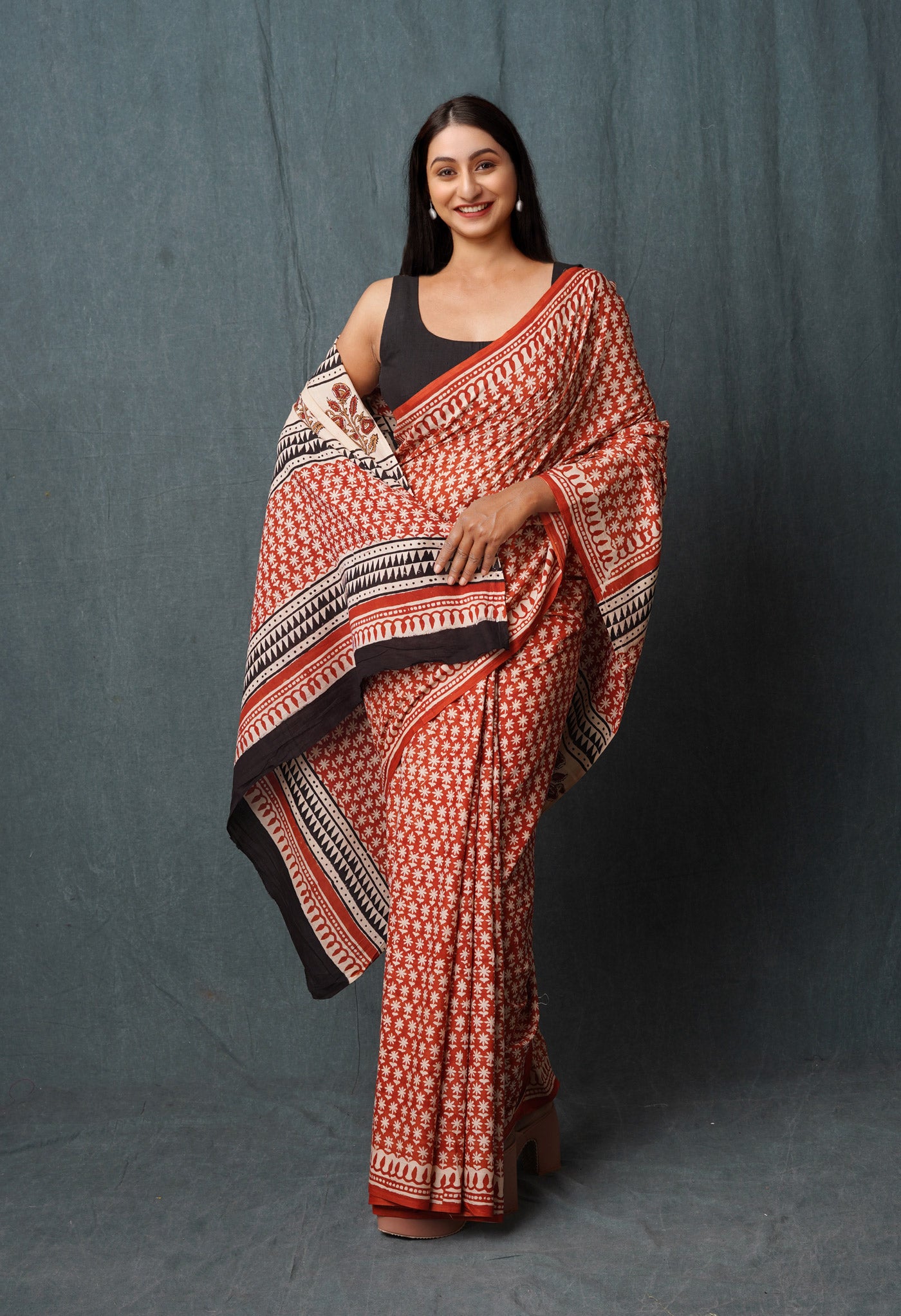 Red Pure Bargu Printed Superfine Mulmul Cotton Saree