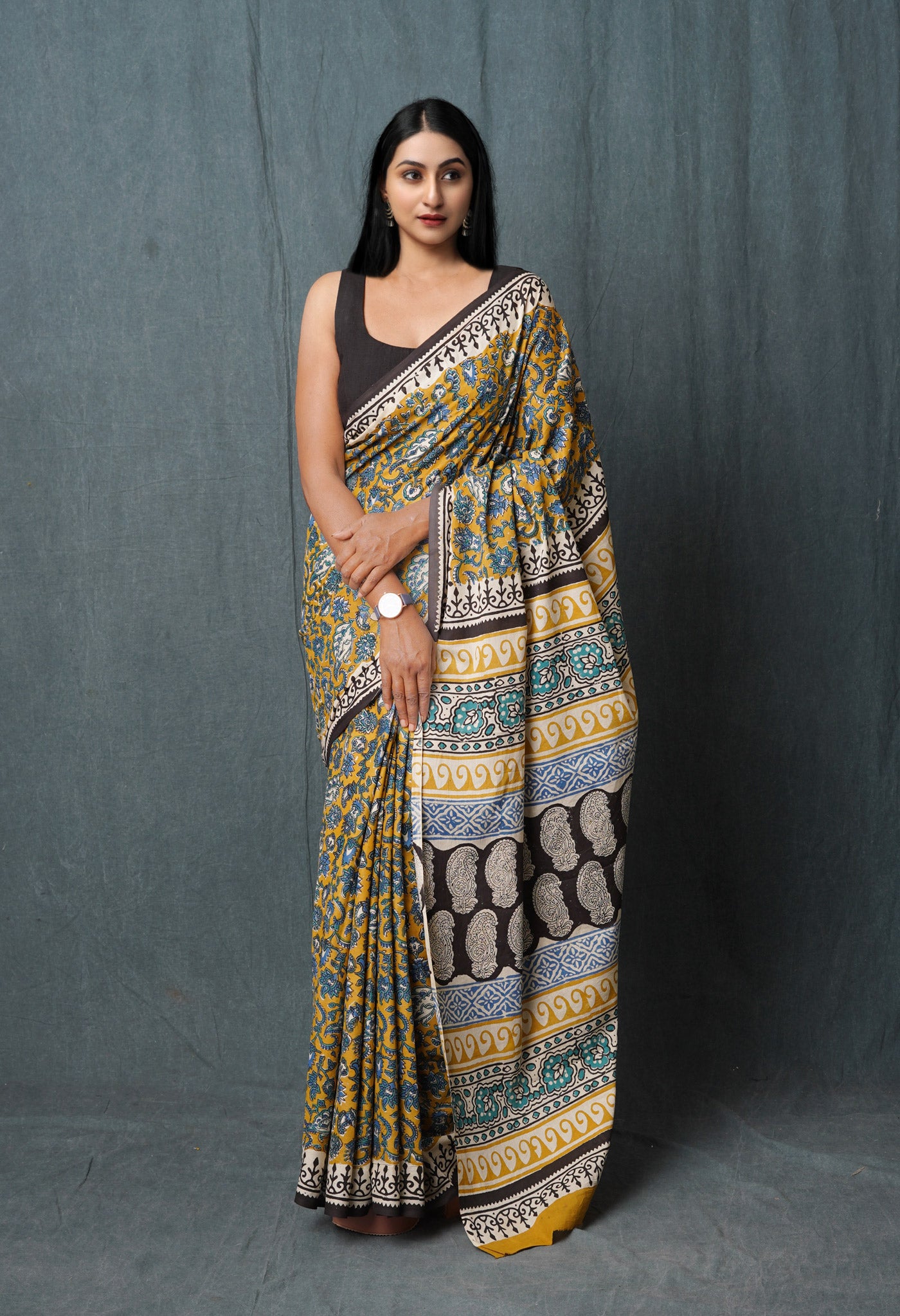 Brown Pure Kalamkari Printed Superfine Mulmul Cotton Saree