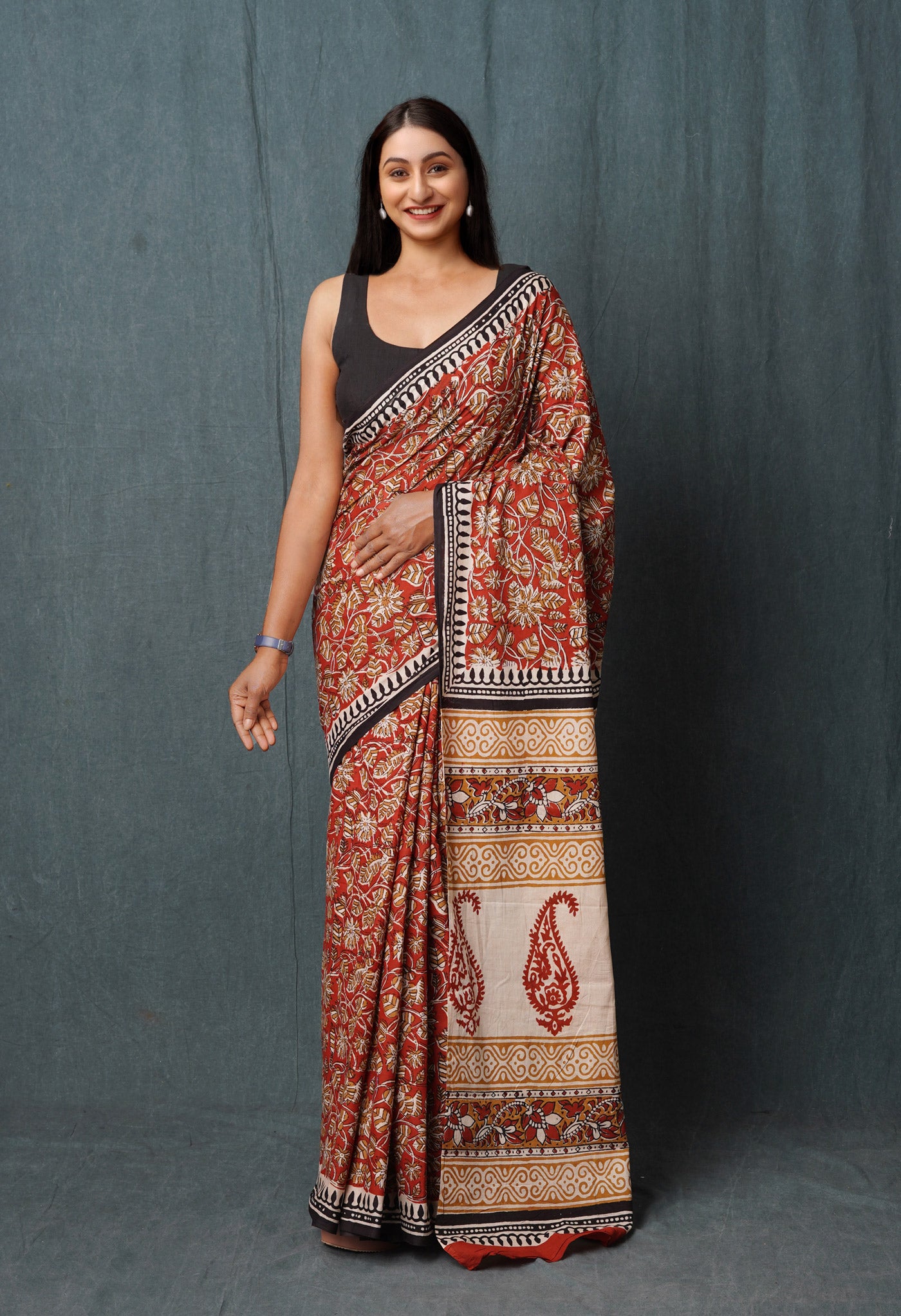 Red Pure Kalamkari Printed Superfine Mulmul Cotton Saree