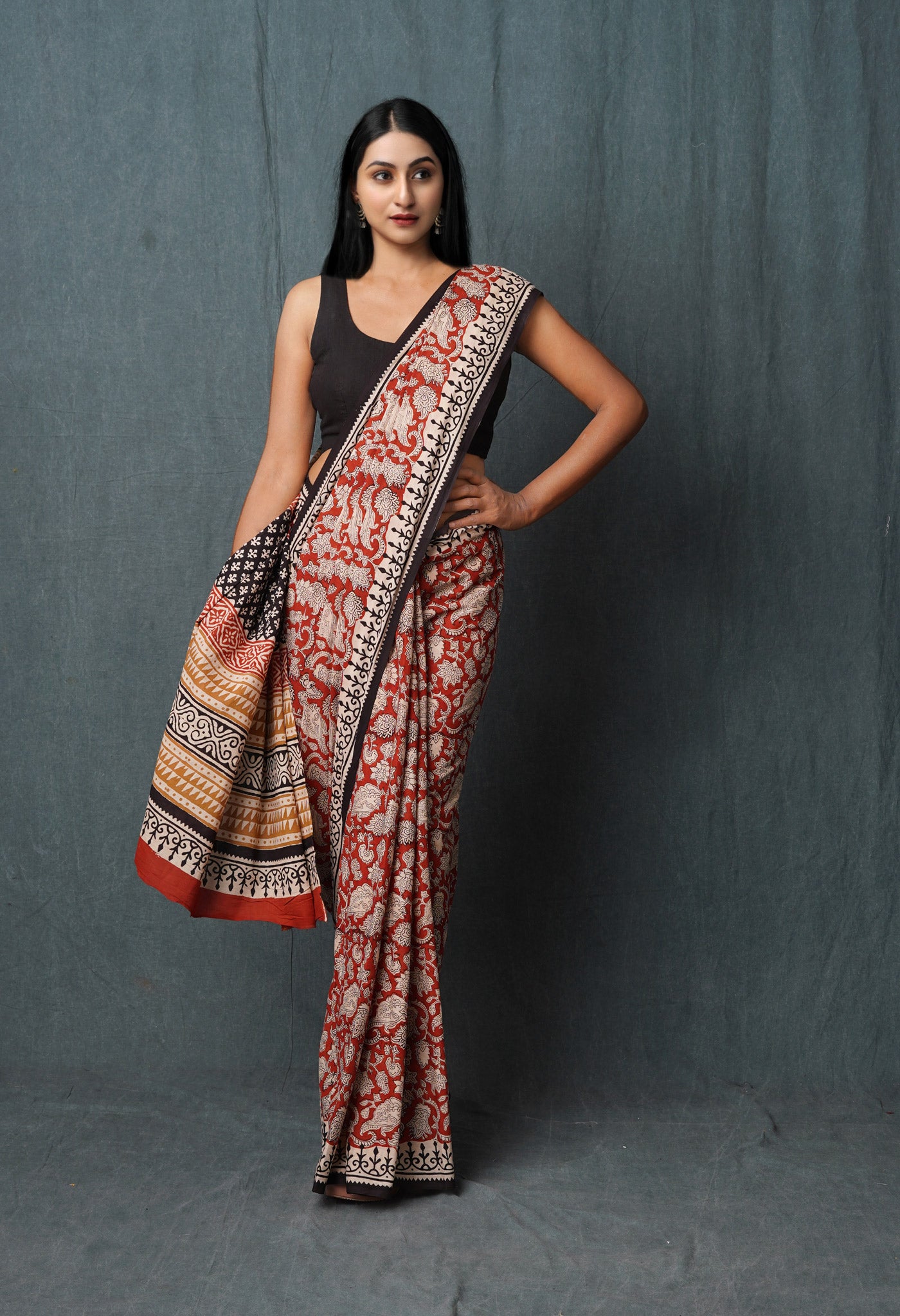 Red Pure Kalamkari Printed Superfine Mulmul Cotton Saree