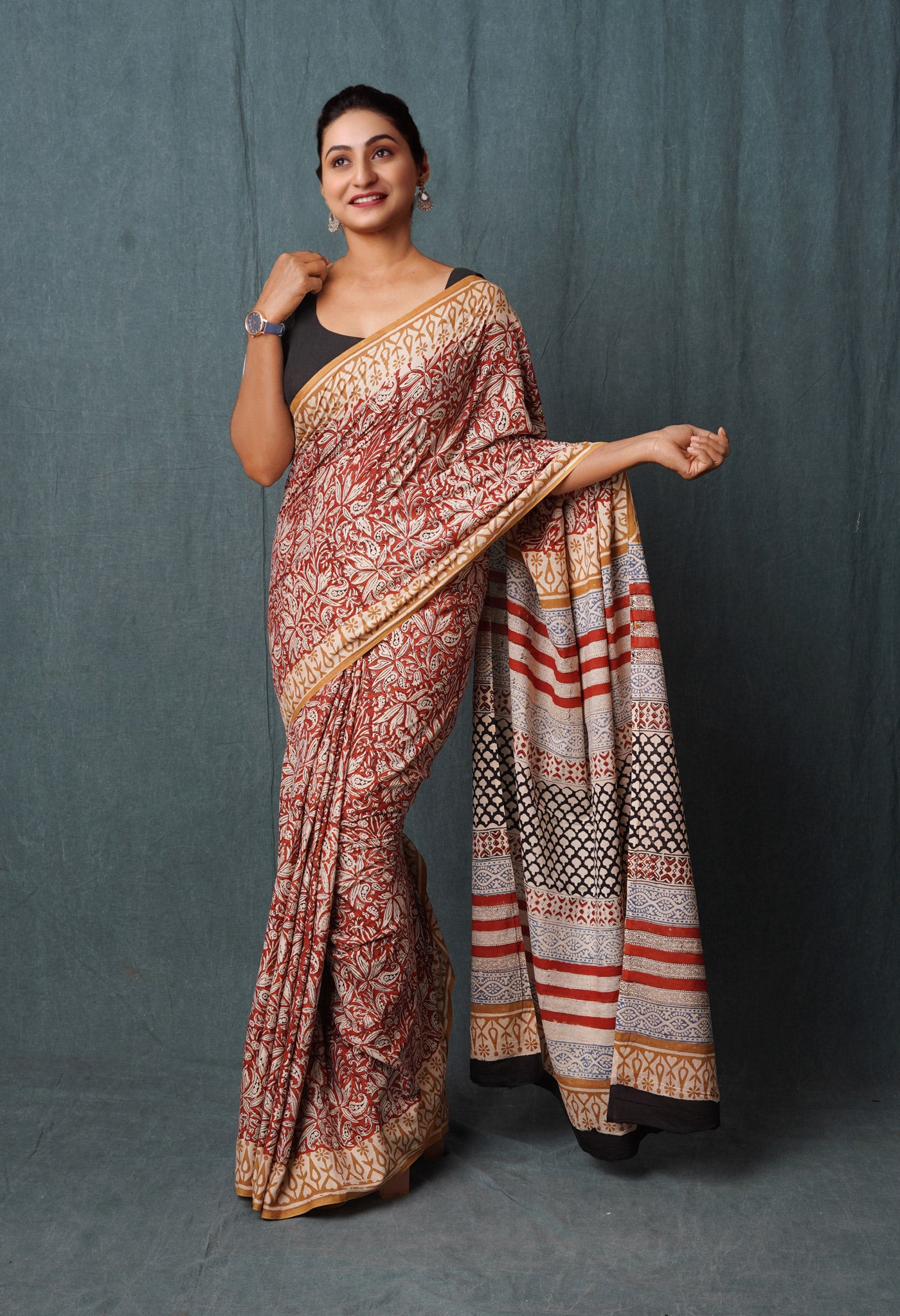 Red Pure Kalamkari Printed Superfine Mulmul Cotton Saree