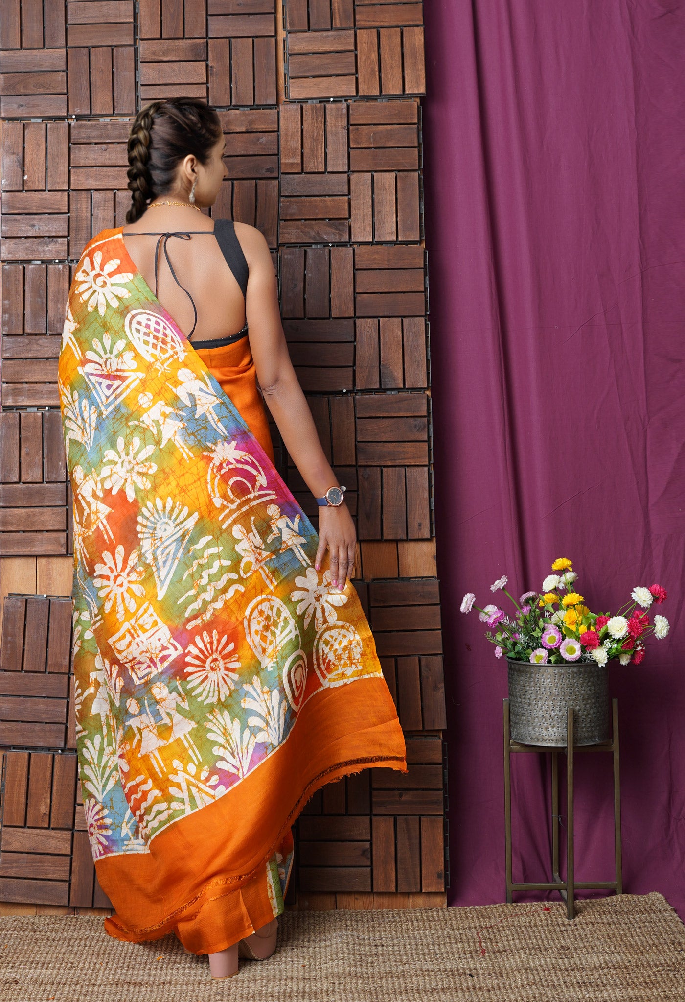 Orange Pure  Handloom Wax Batik Printed Murshidabad Silk Saree