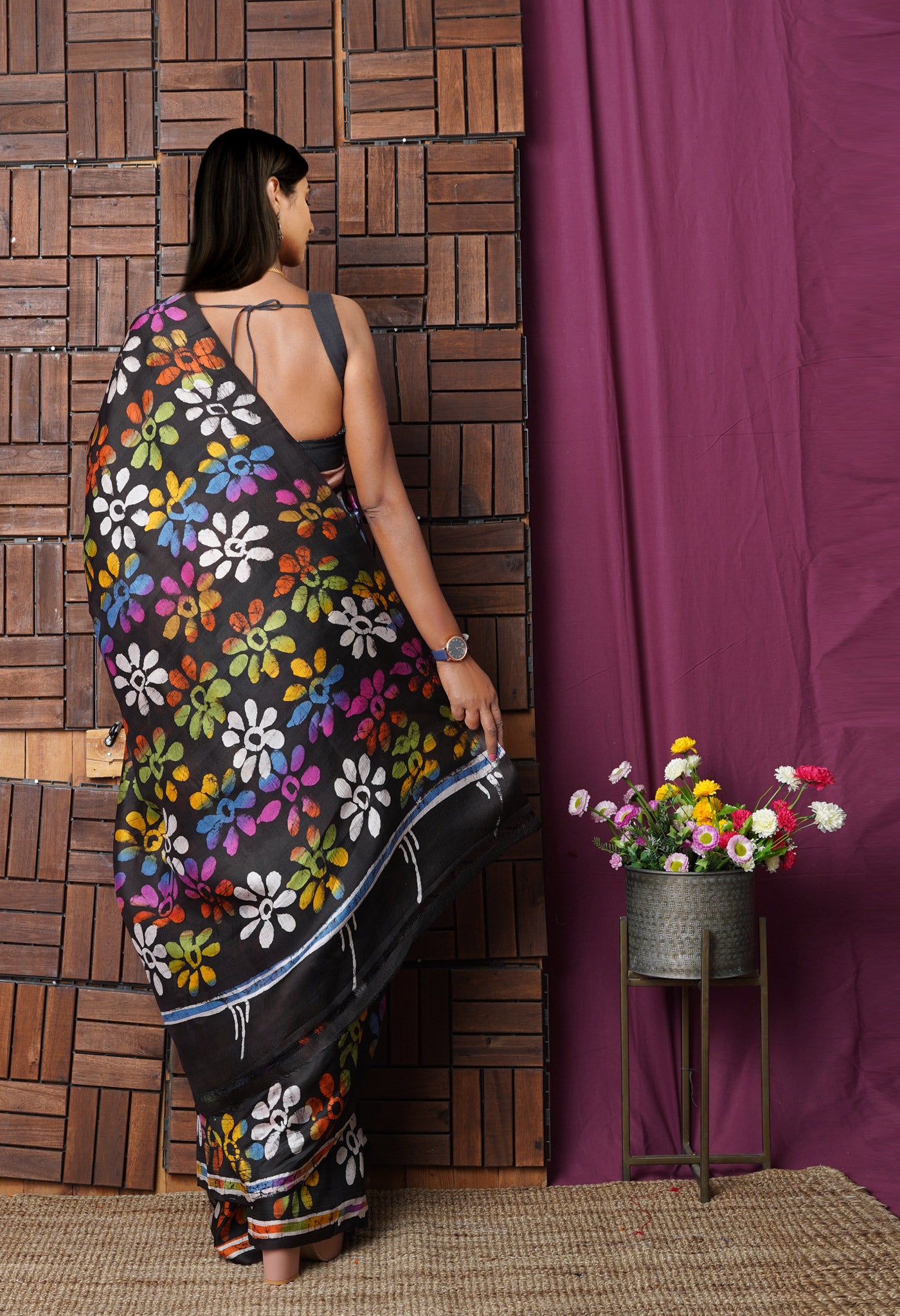 Black Pure Handloom Wax Batik Printed Murshidabad Silk Saree