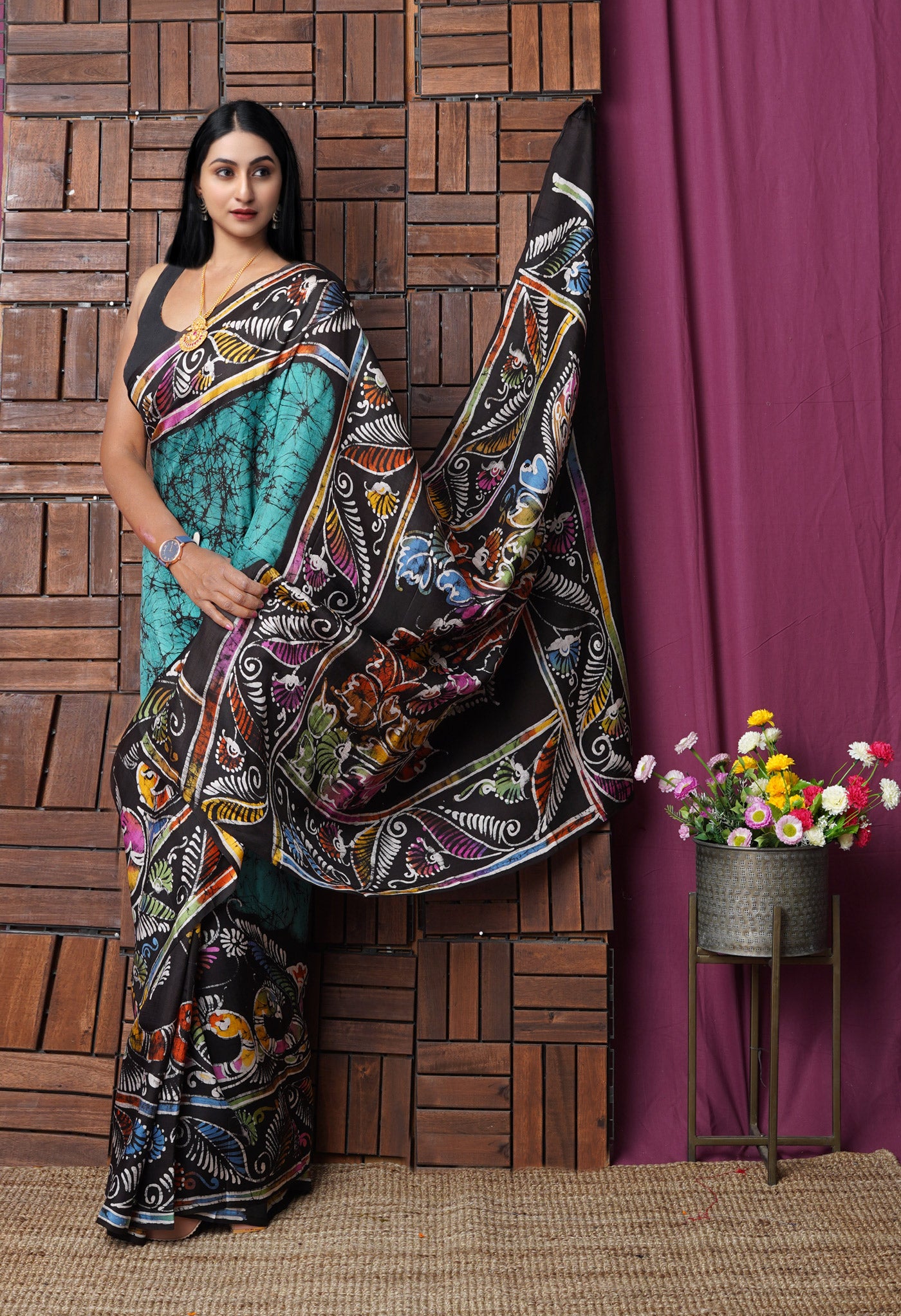 Sea Green Pure Handloom Wax Batik Printed Murshidabad Silk Saree