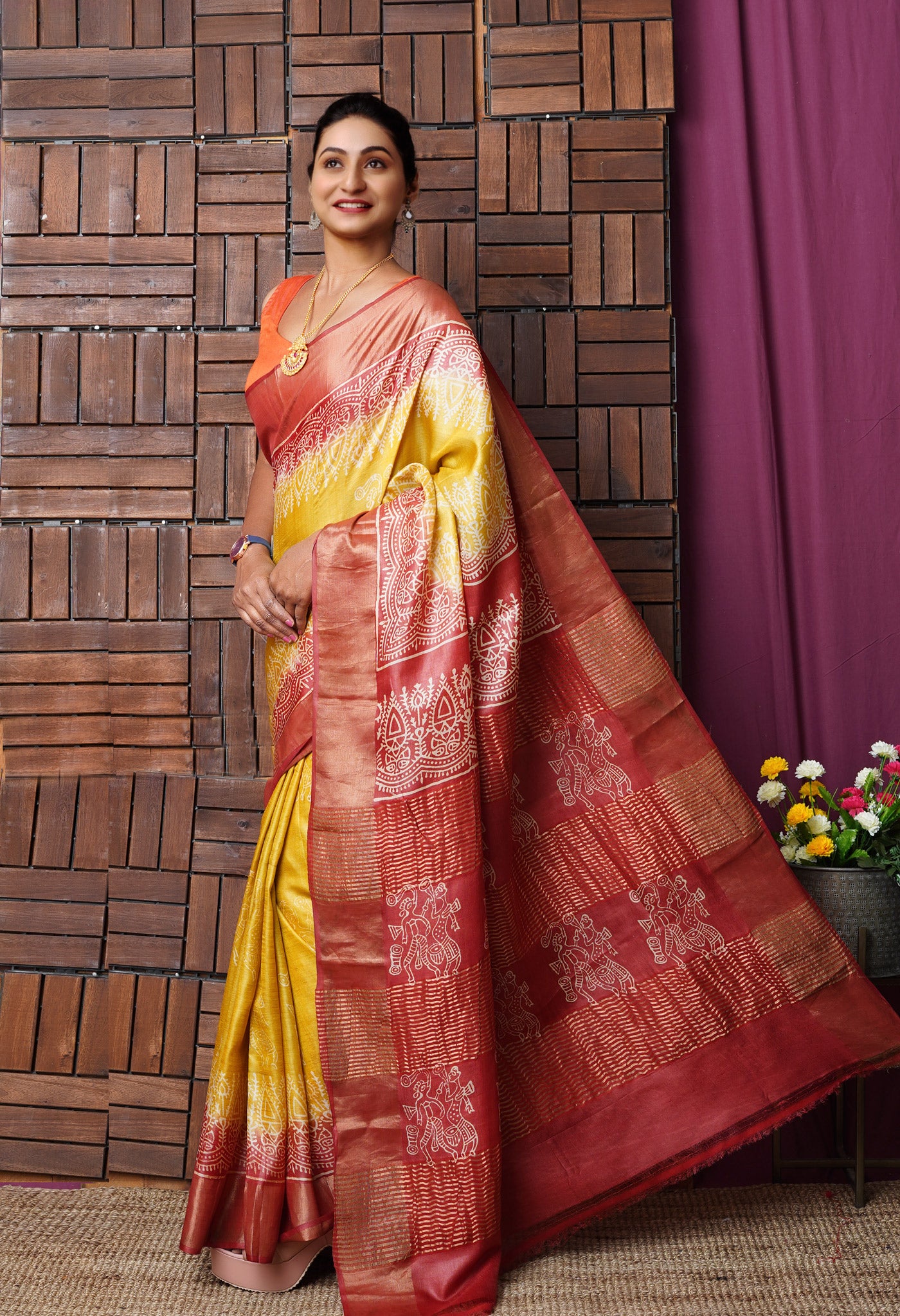 Yellow Pure Handloom Block Printed Bengal Tussar Silk Saree