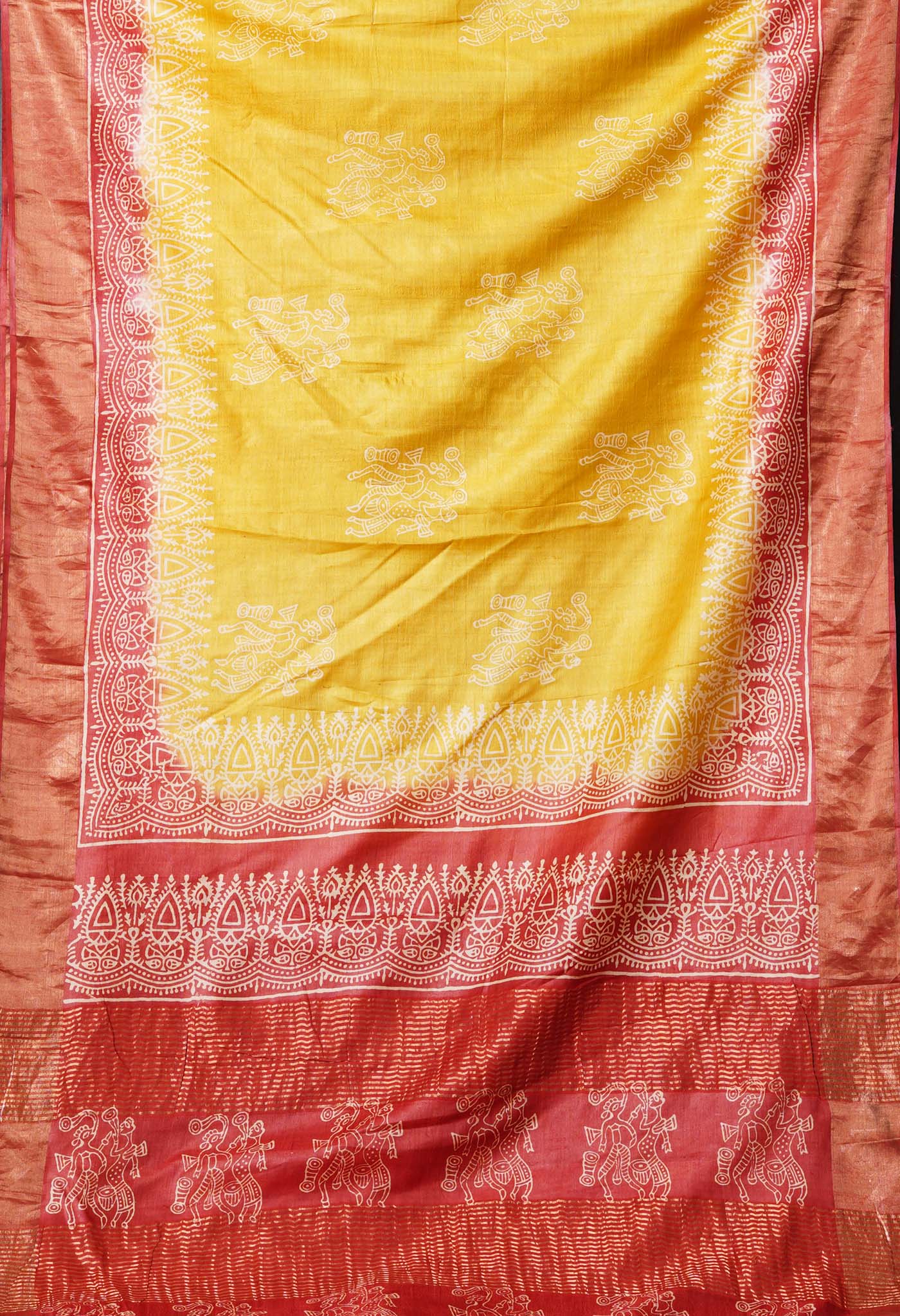 Yellow Pure Handloom Block Printed Bengal Tussar Silk Saree