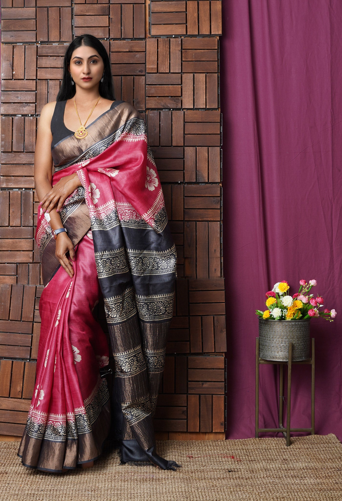 Pink Pure Handloom Block Printed Bengal Tussar Silk Saree