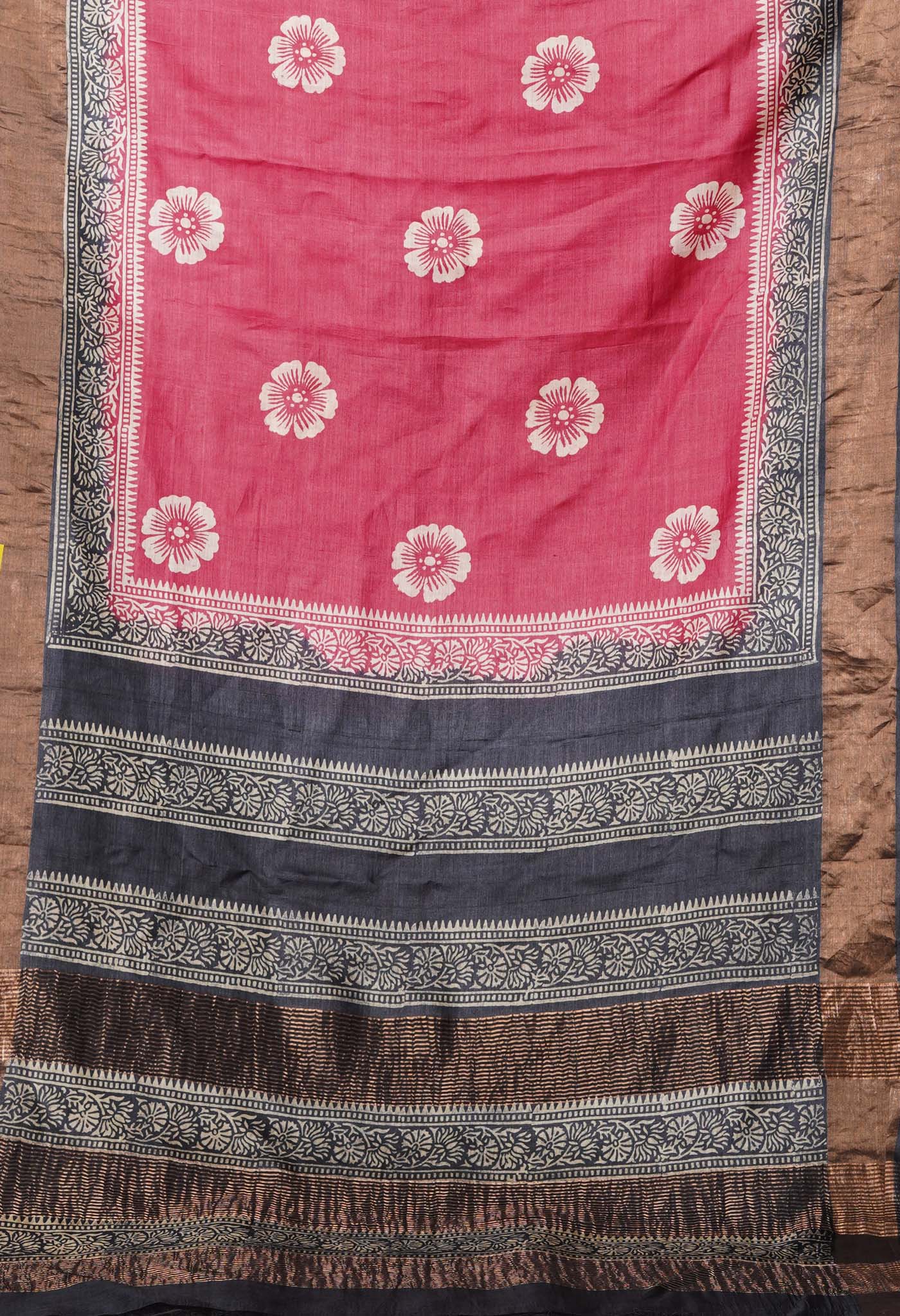 Pink Pure Handloom Block Printed Bengal Tussar Silk Saree