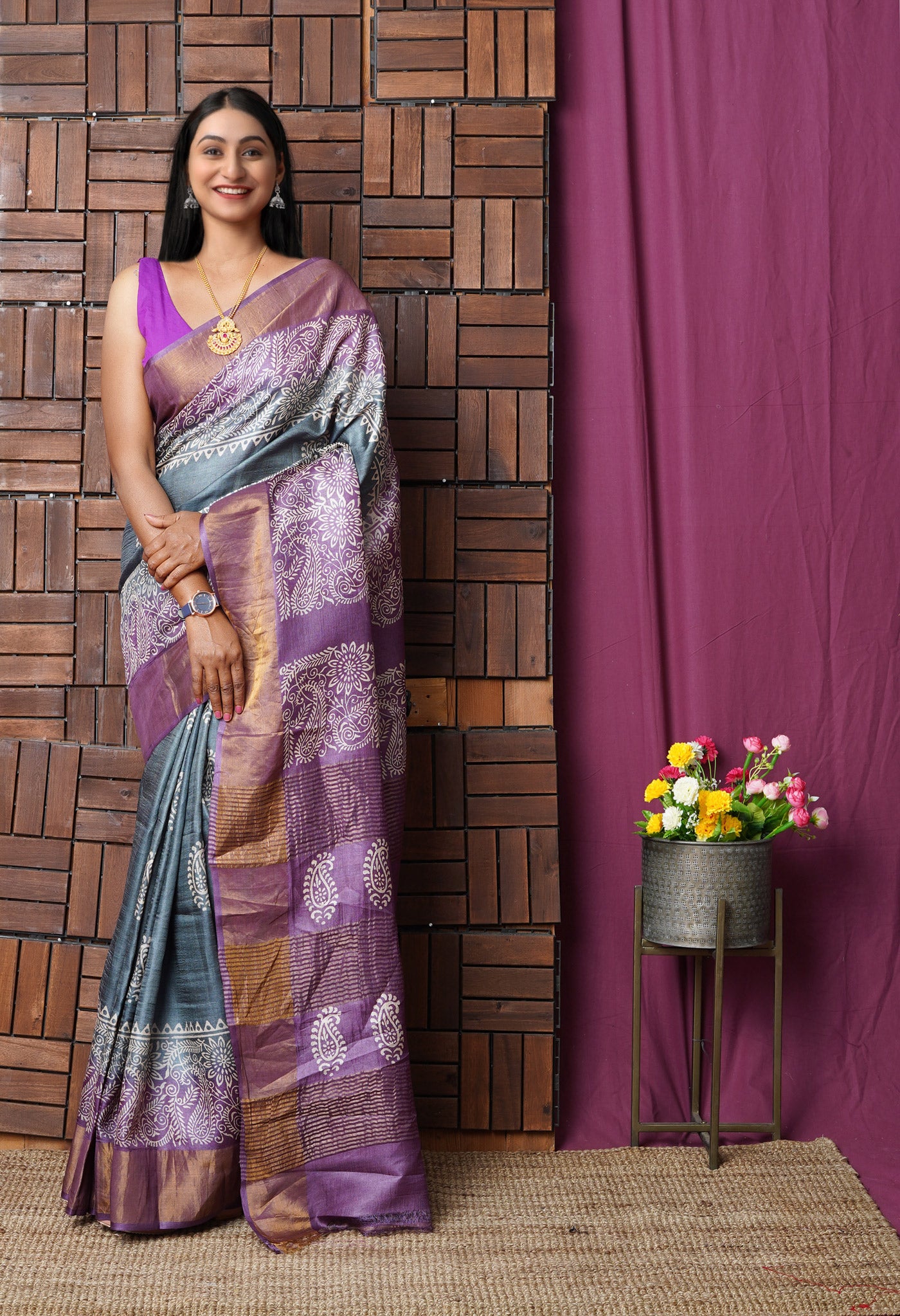Dark Grey Pure Handloom Block Printed Bengal Tussar Silk Saree