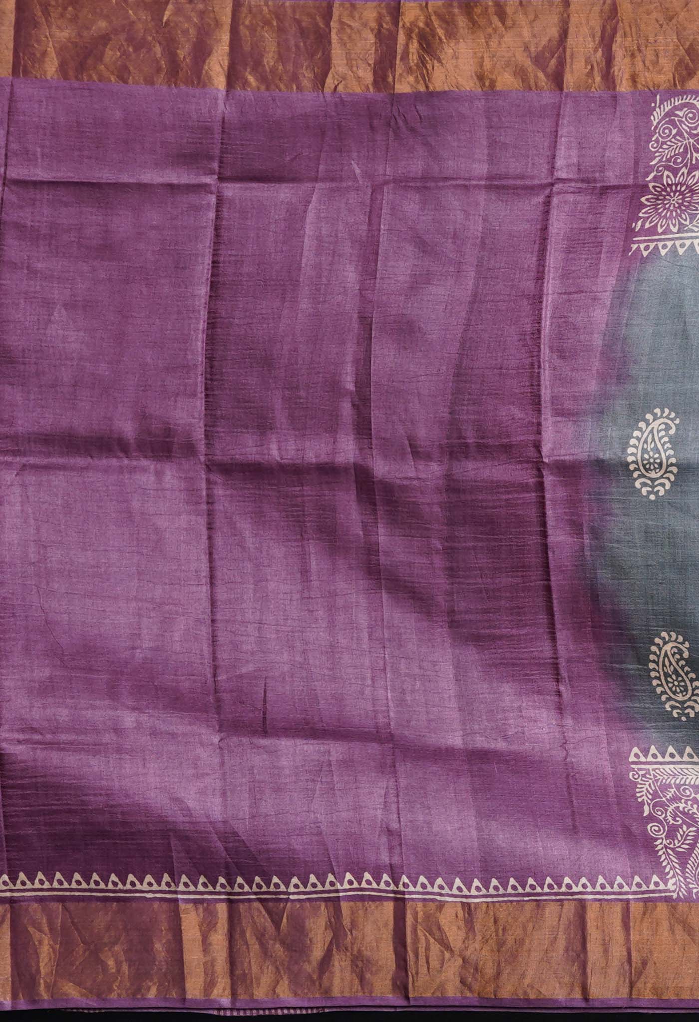 Dark Grey Pure Handloom Block Printed Bengal Tussar Silk Saree