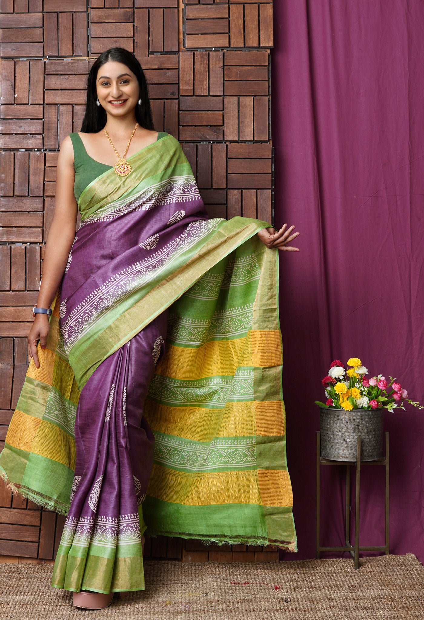Purple Pure Handloom Block Printed Bengal Tussar Silk Saree
