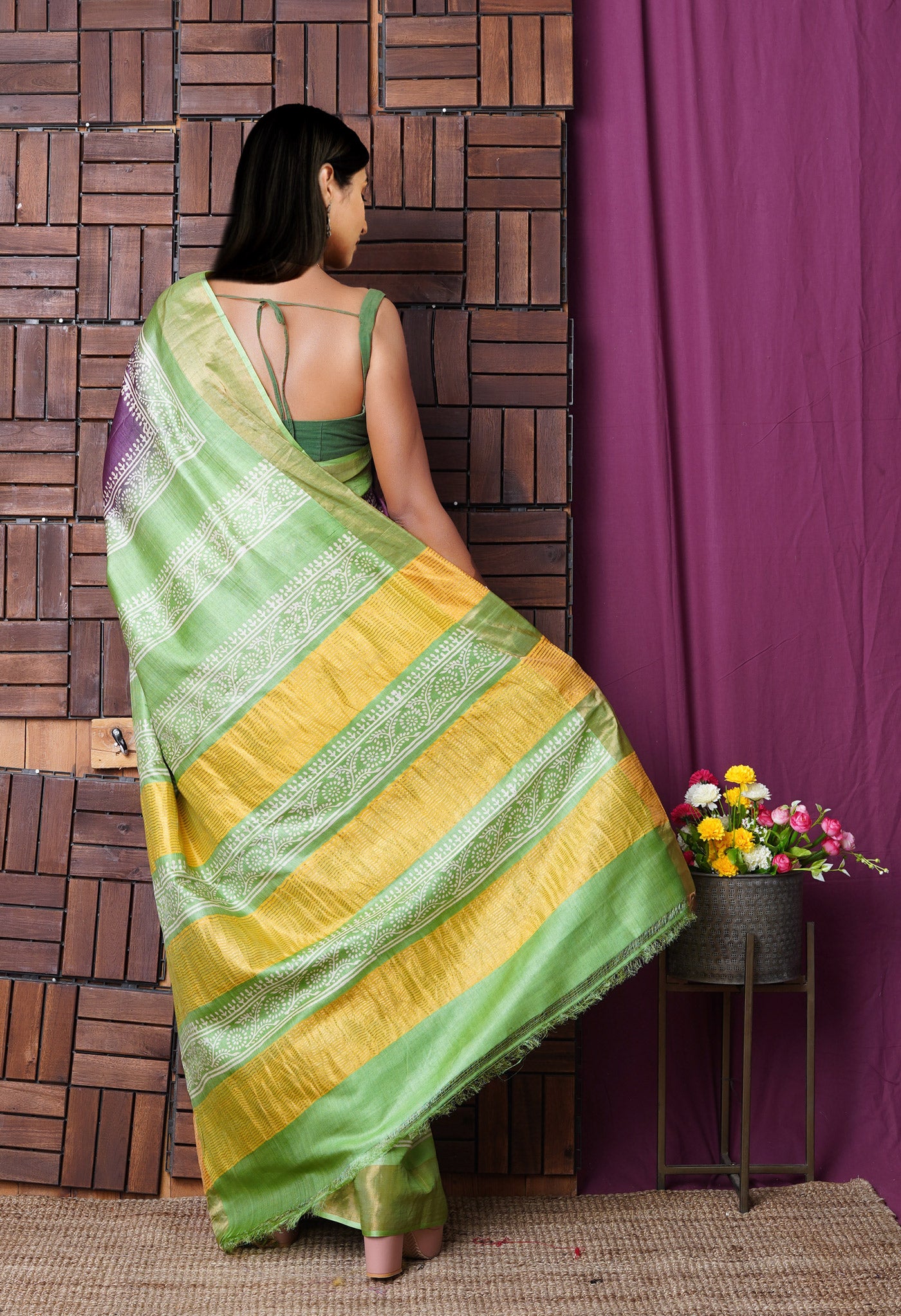 Purple Pure Handloom Block Printed Bengal Tussar Silk Saree