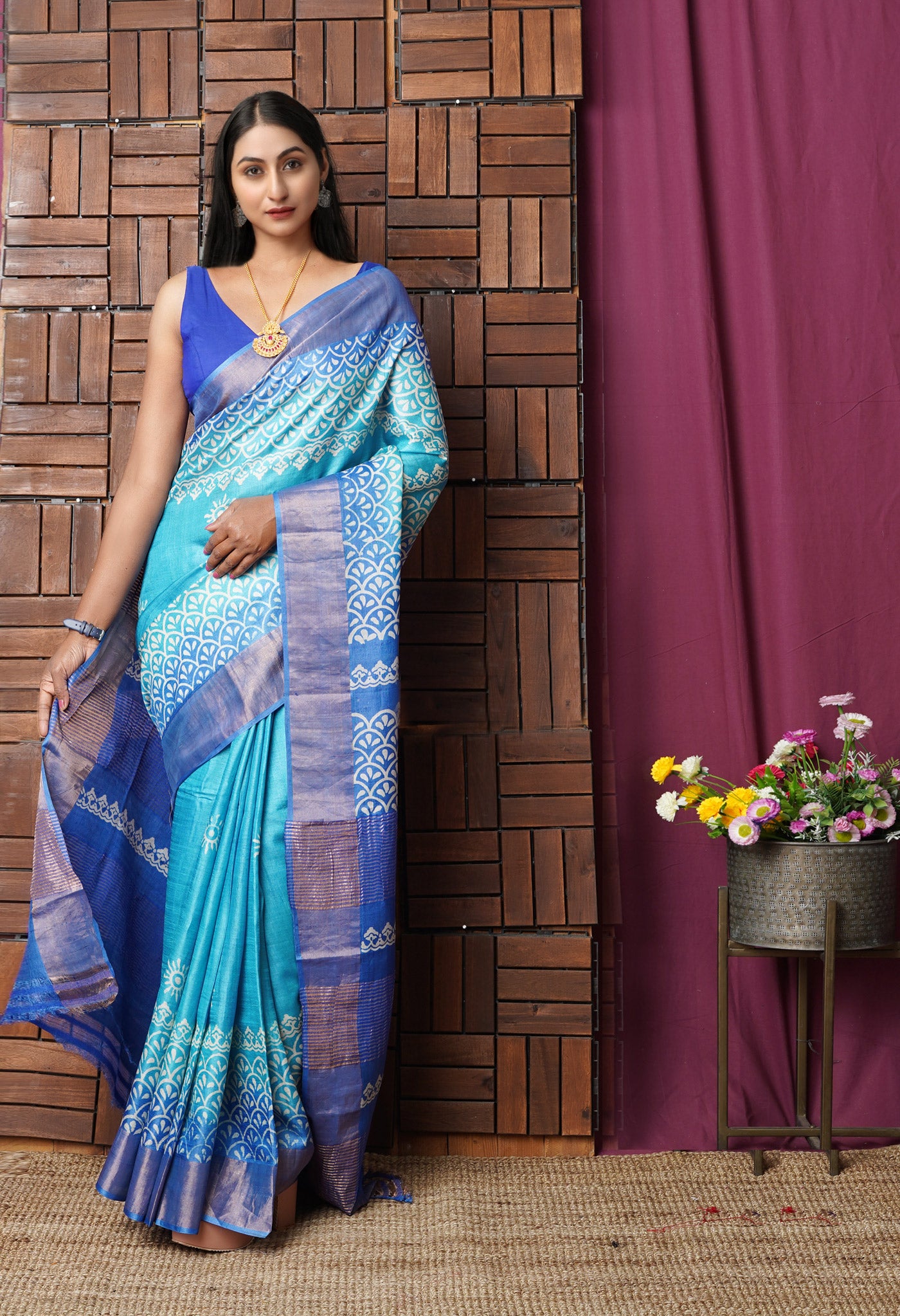 Blue Pure Handloom Block Printed Bengal Tussar Silk Saree