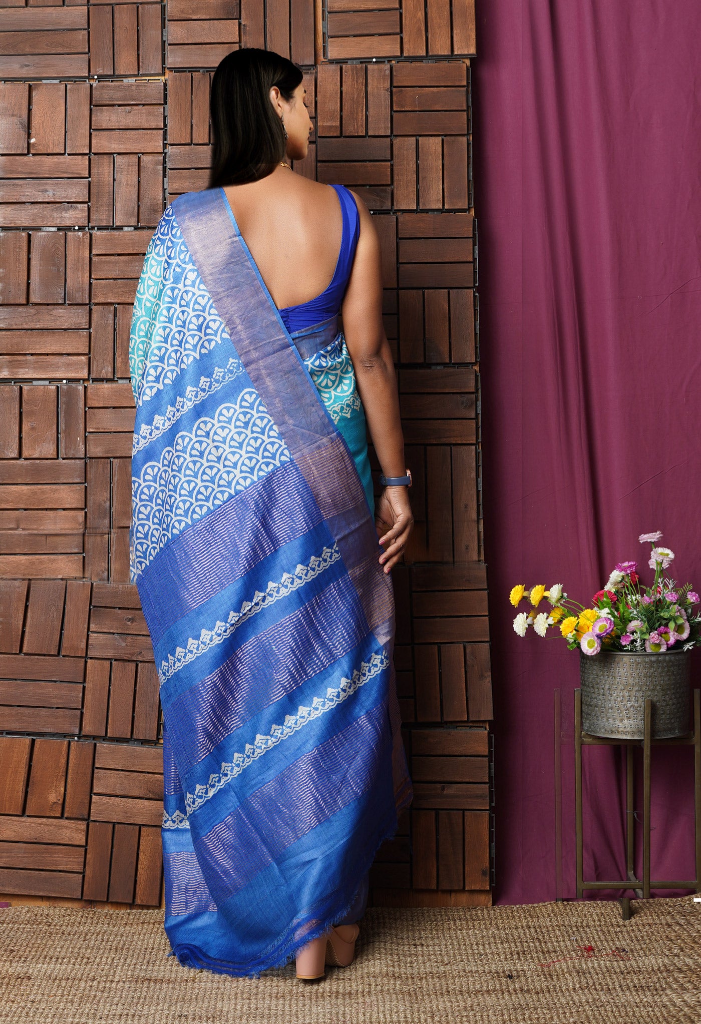 Blue Pure Handloom Block Printed Bengal Tussar Silk Saree