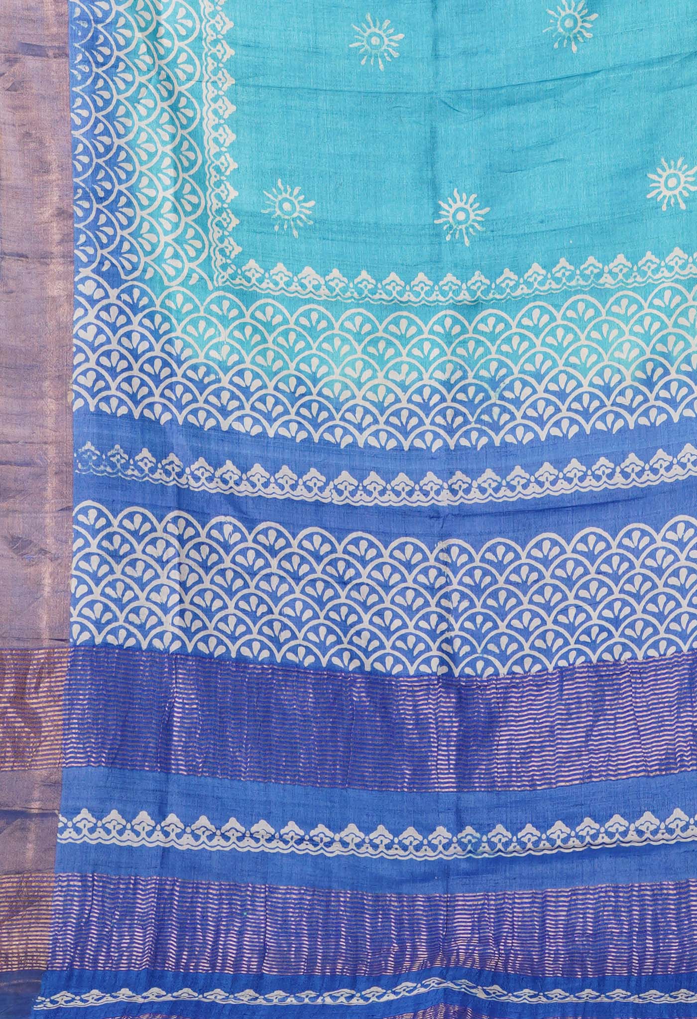 Blue Pure Handloom Block Printed Bengal Tussar Silk Saree