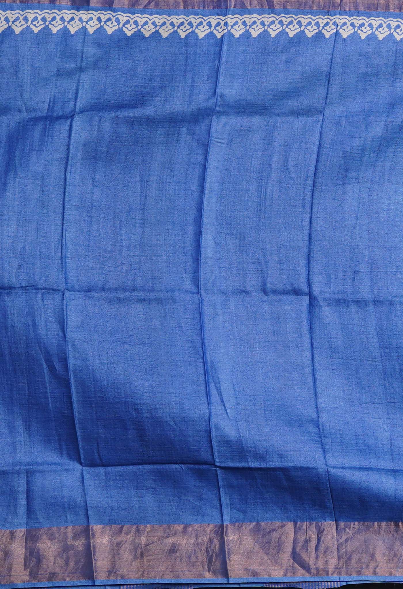 Blue Pure Handloom Block Printed Bengal Tussar Silk Saree