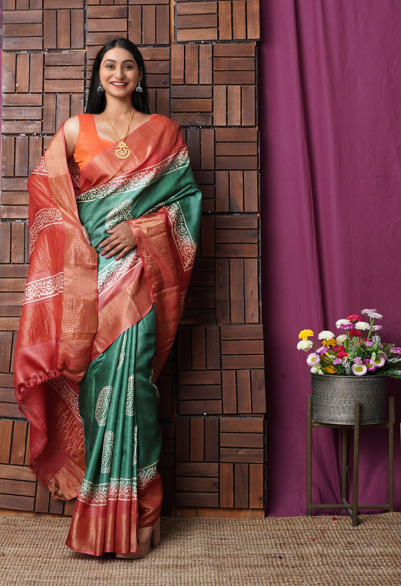 Green Pure Handloom Block Printed Bengal Tussar Silk Saree