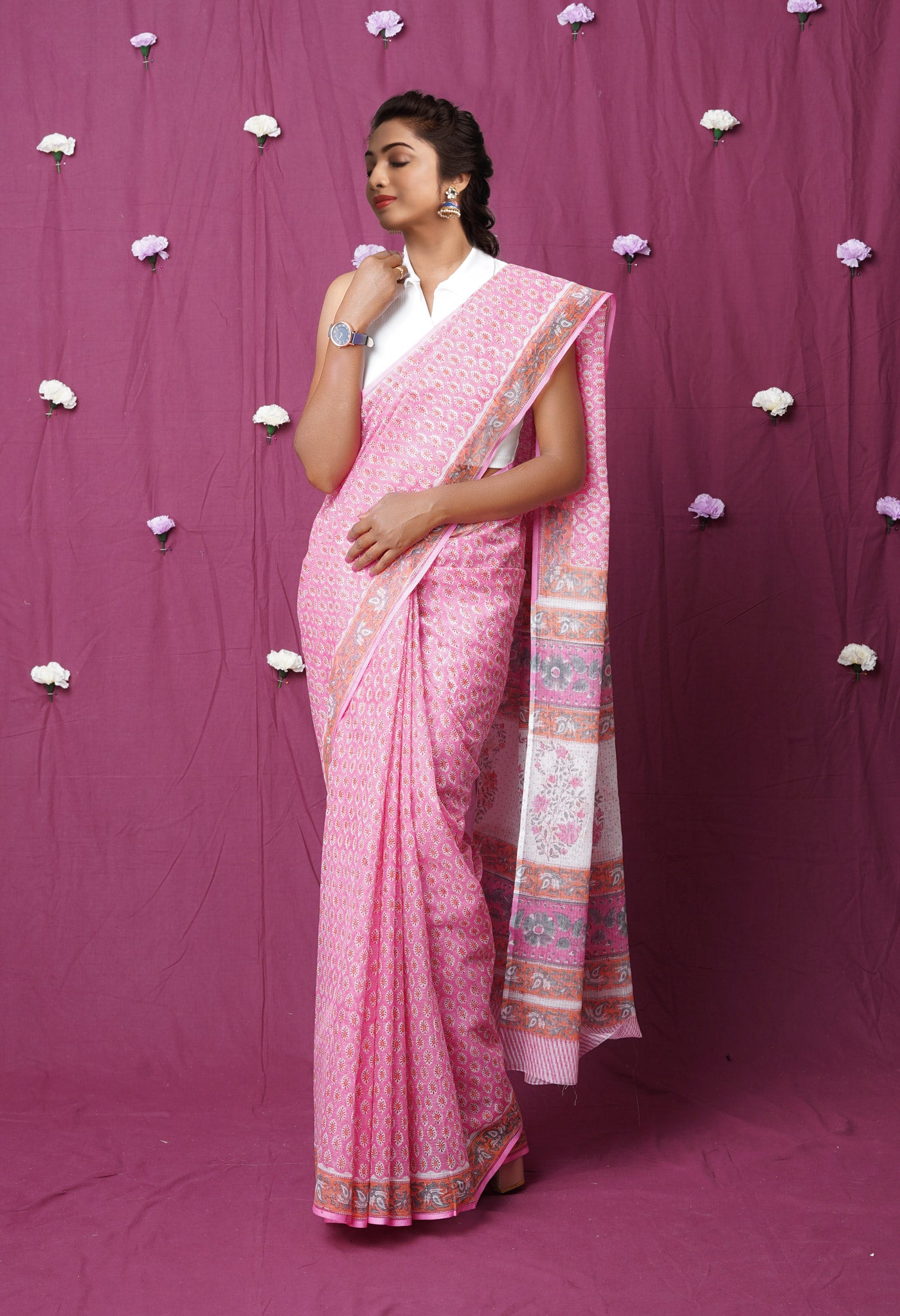 Pink Pure Hand Block Printed Kota Saree