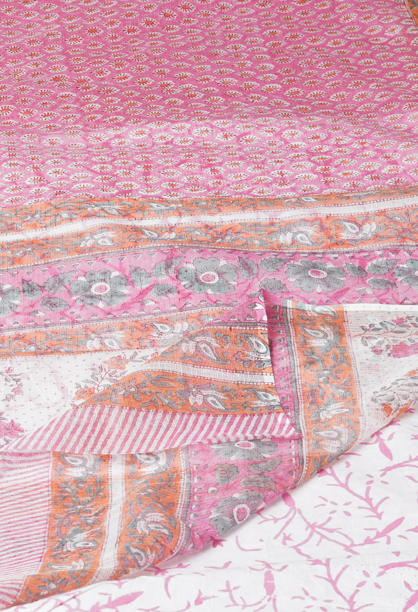 Pink Pure Hand Block Printed Kota Saree
