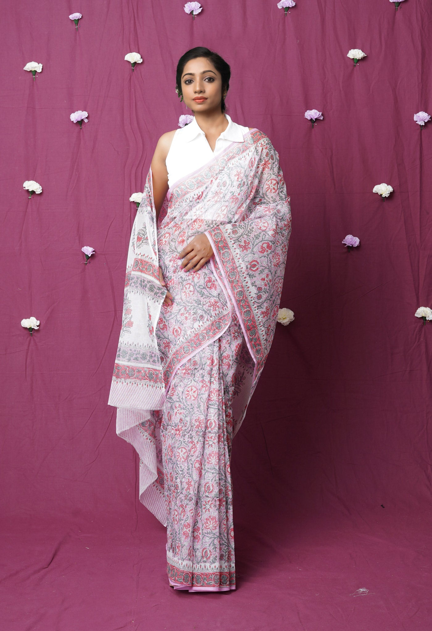 Pink Pure Hand Block Printed Kota Saree
