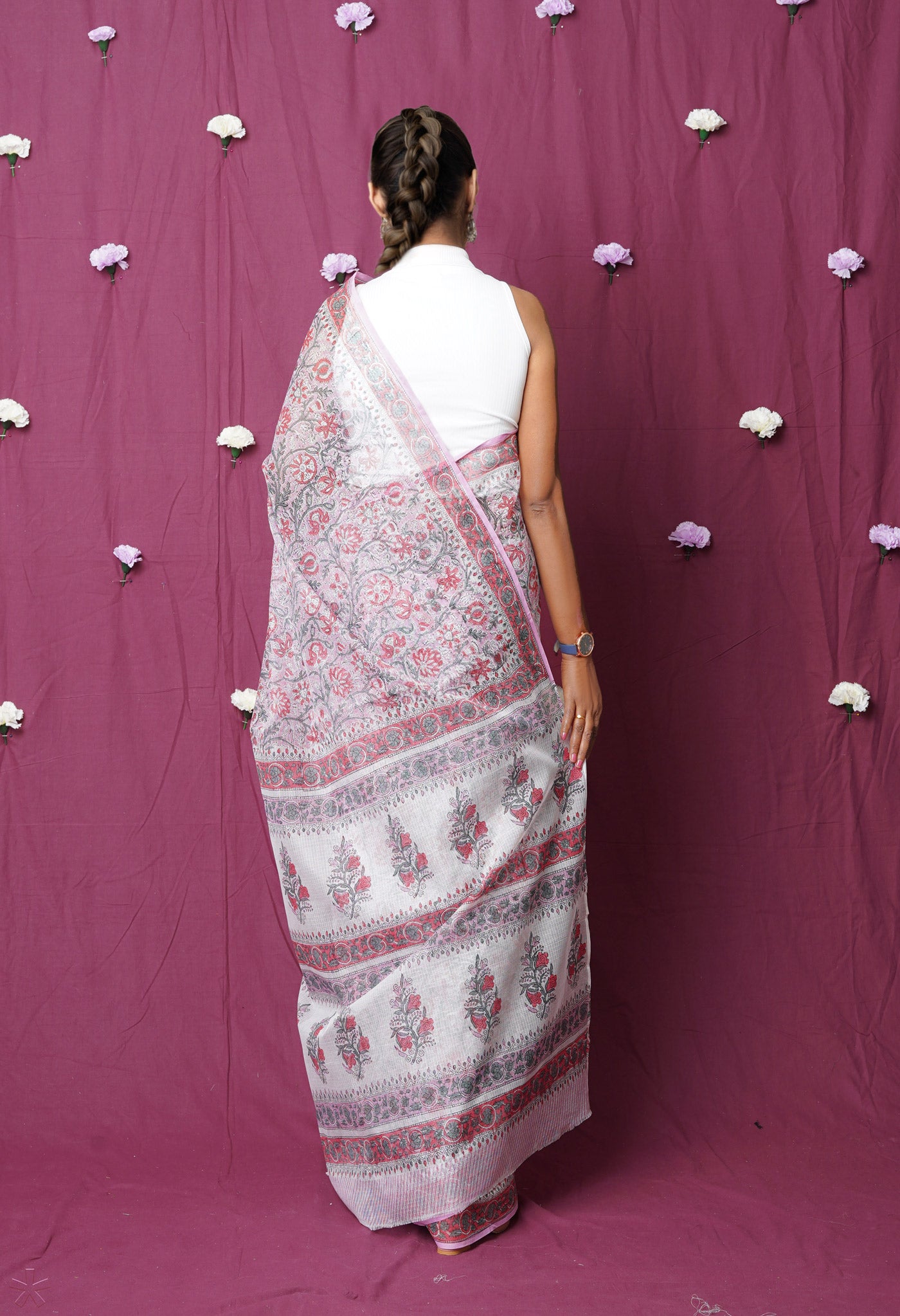 Pink Pure Hand Block Printed Kota Saree
