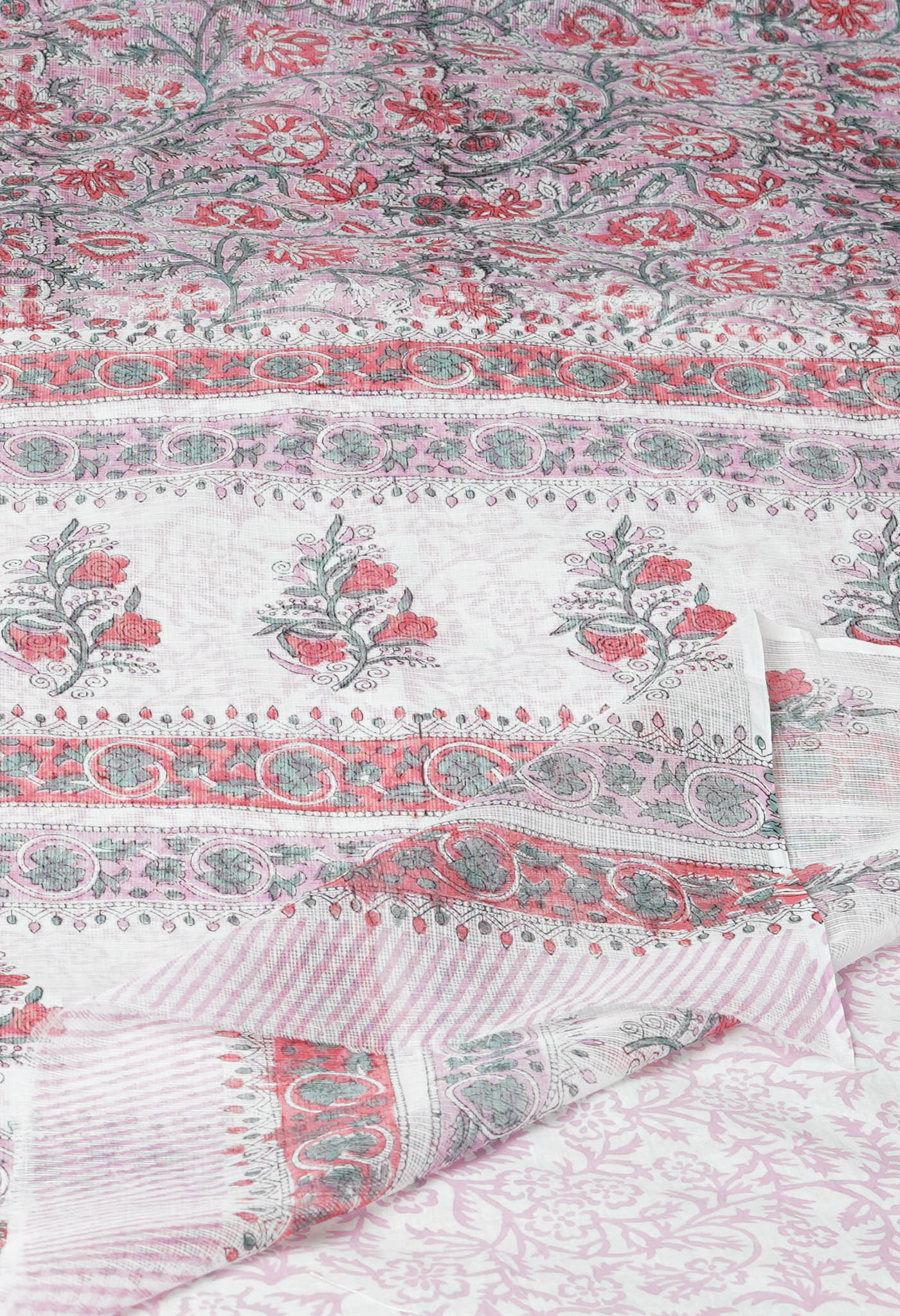 Pink Pure Hand Block Printed Kota Saree