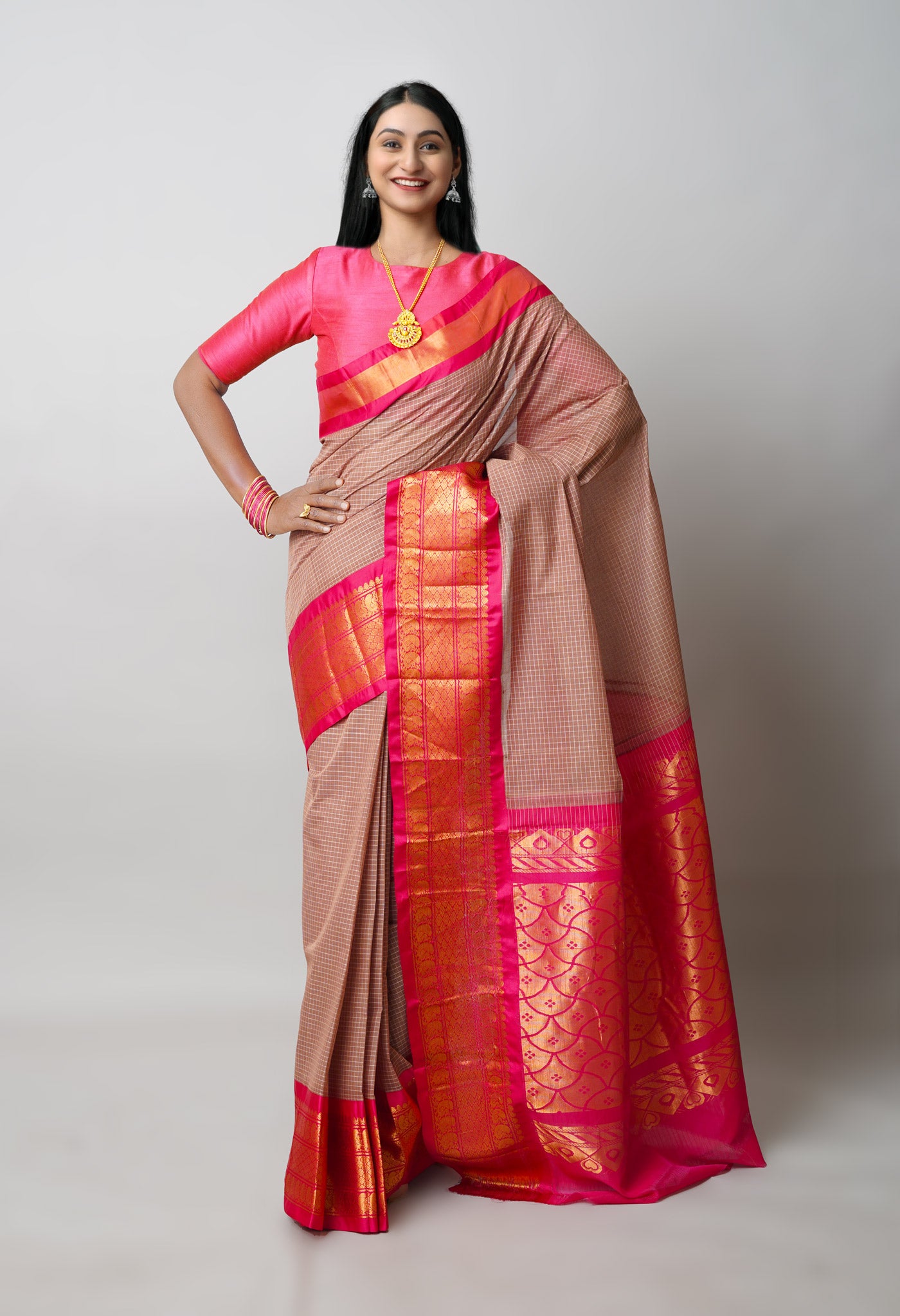 Brown Pure Handloom Gadwal Cotton Saree