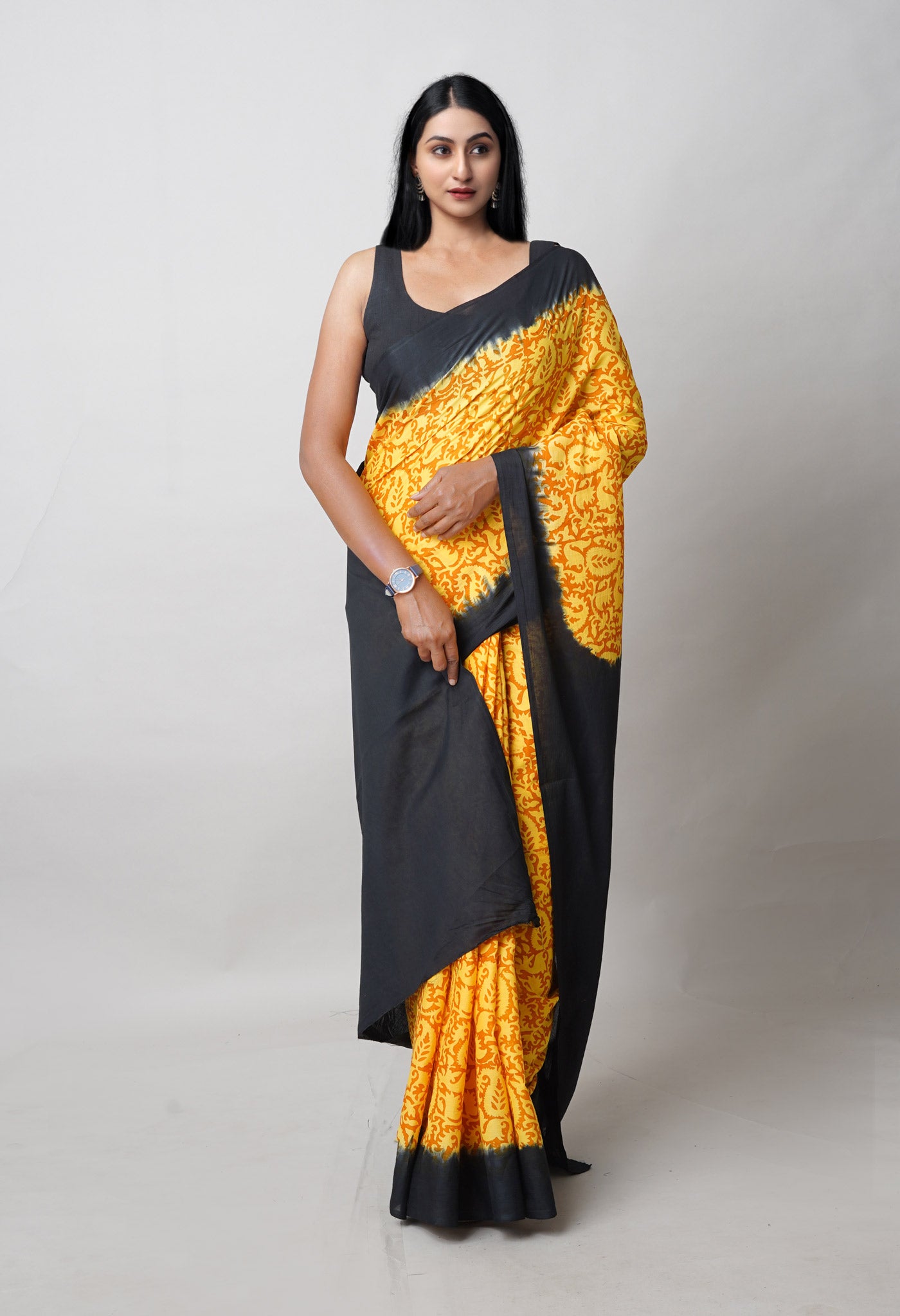 Yellow Pure Hand Block Printed Soft Cotton Saree