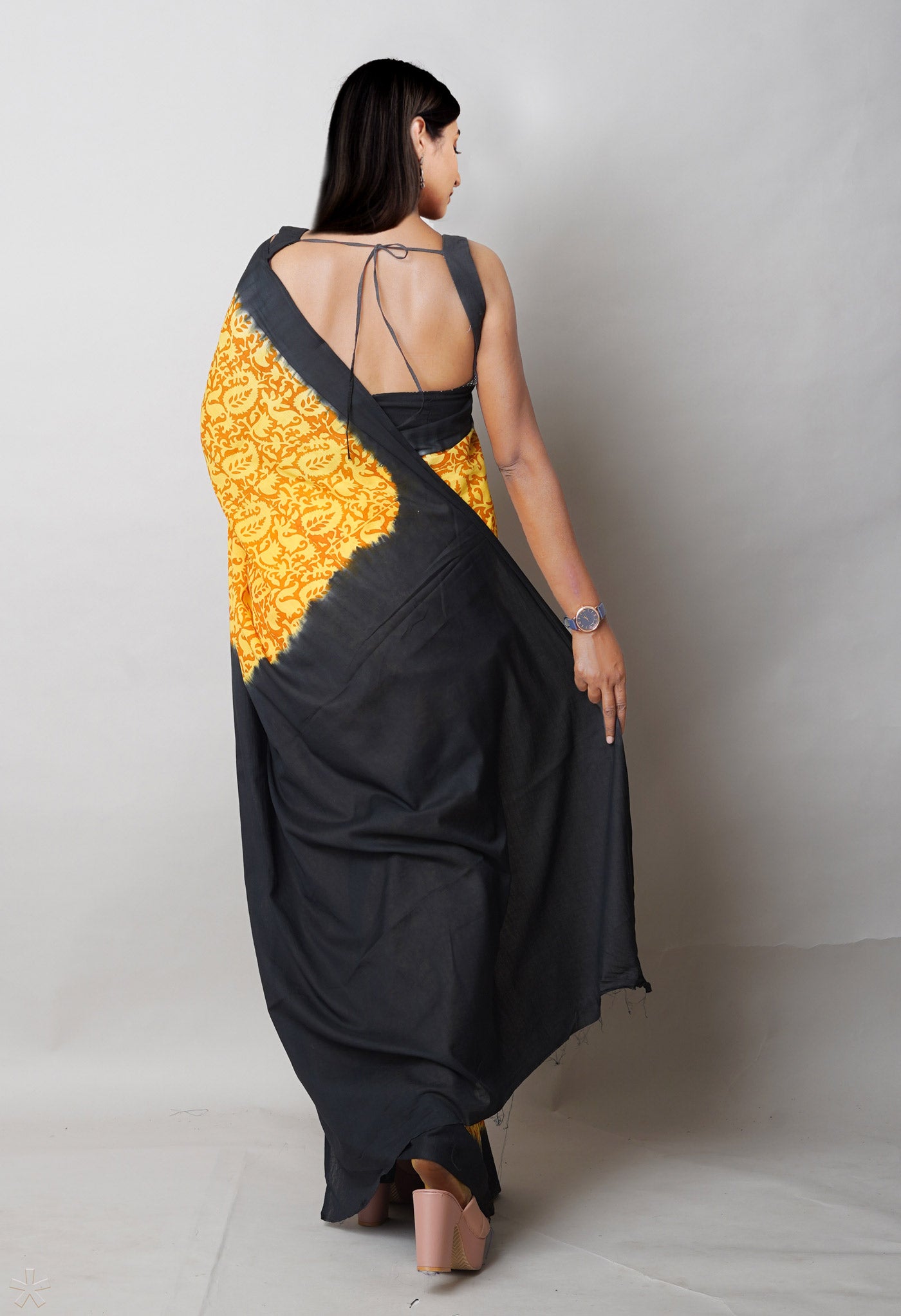 Yellow Pure Hand Block Printed Soft Cotton Saree