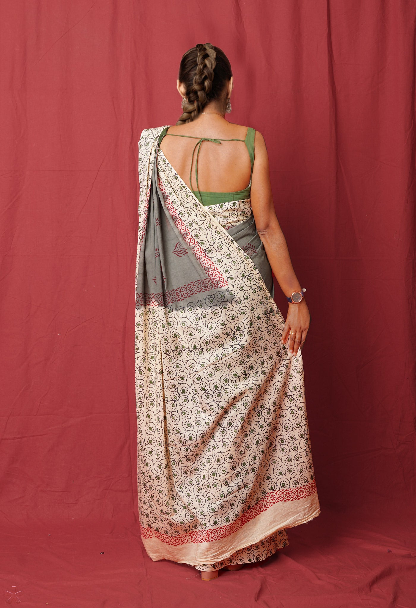 Grey Pure Hand Block Printed Soft Cotton Saree