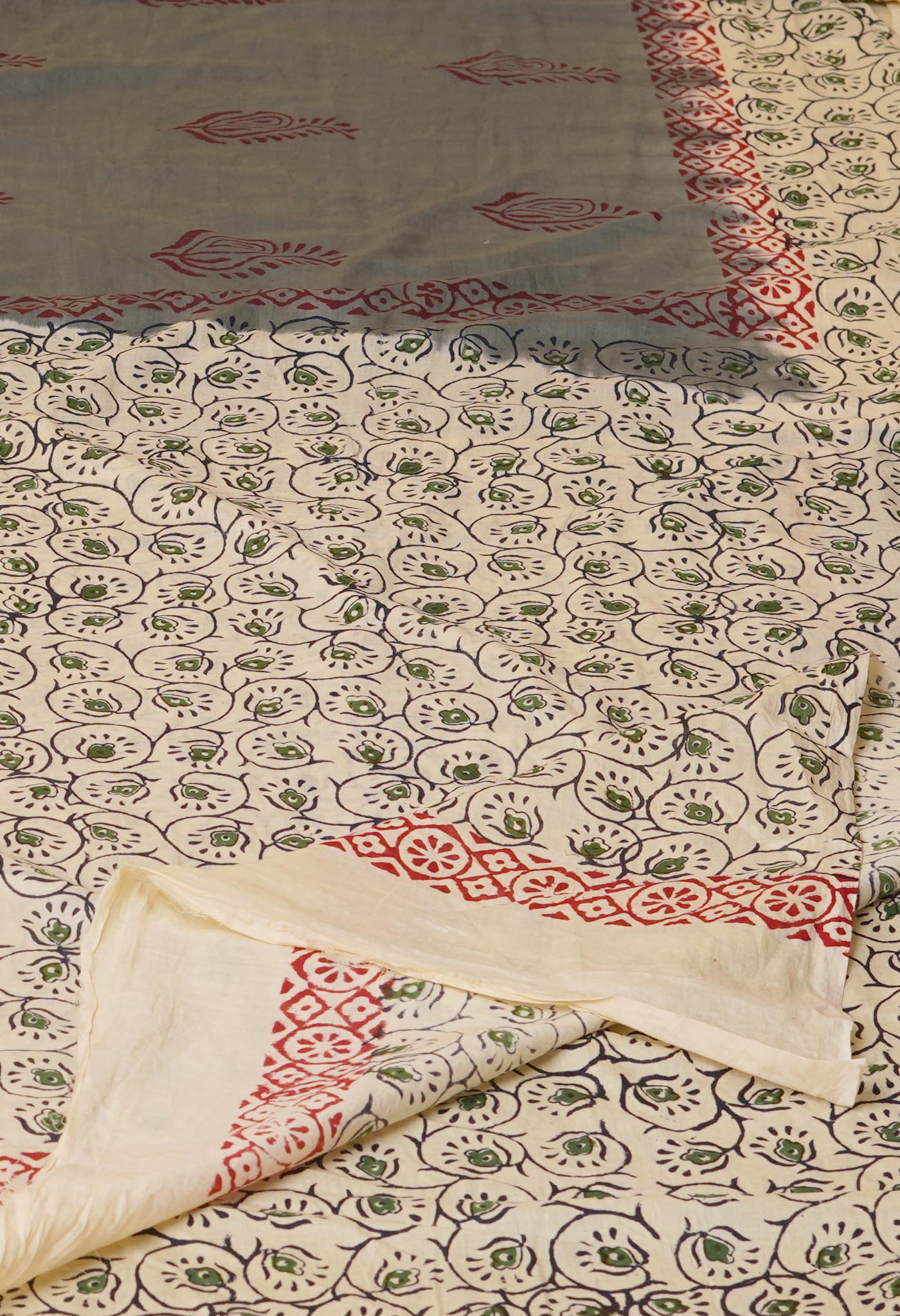 Grey Pure Hand Block Printed Soft Cotton Saree