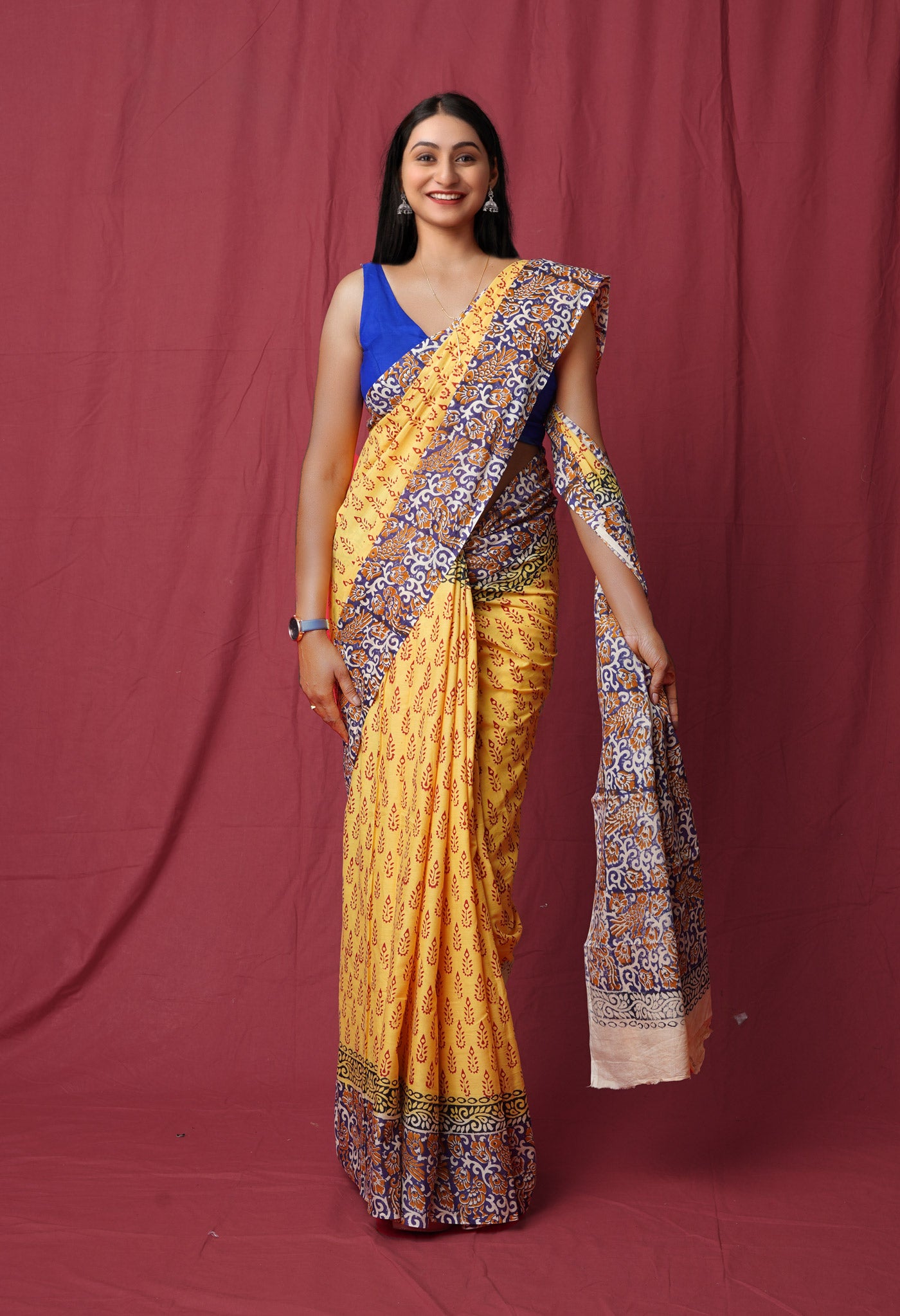 Yellow Pure Hand Block Printed Soft Cotton Saree