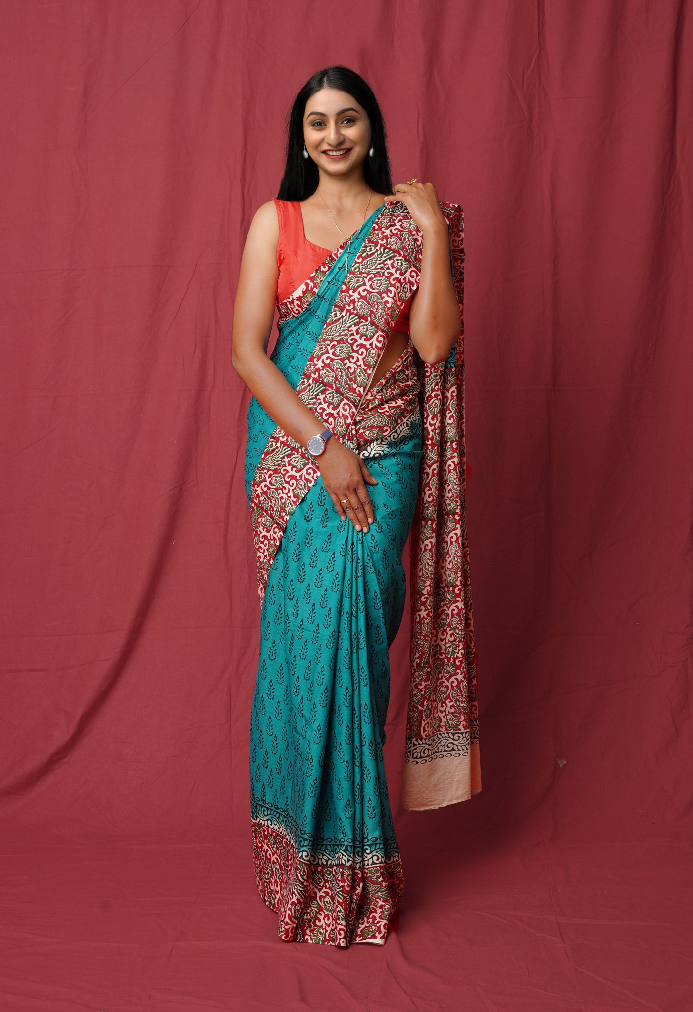 Green Pure Hand Block Printed Soft Cotton Saree