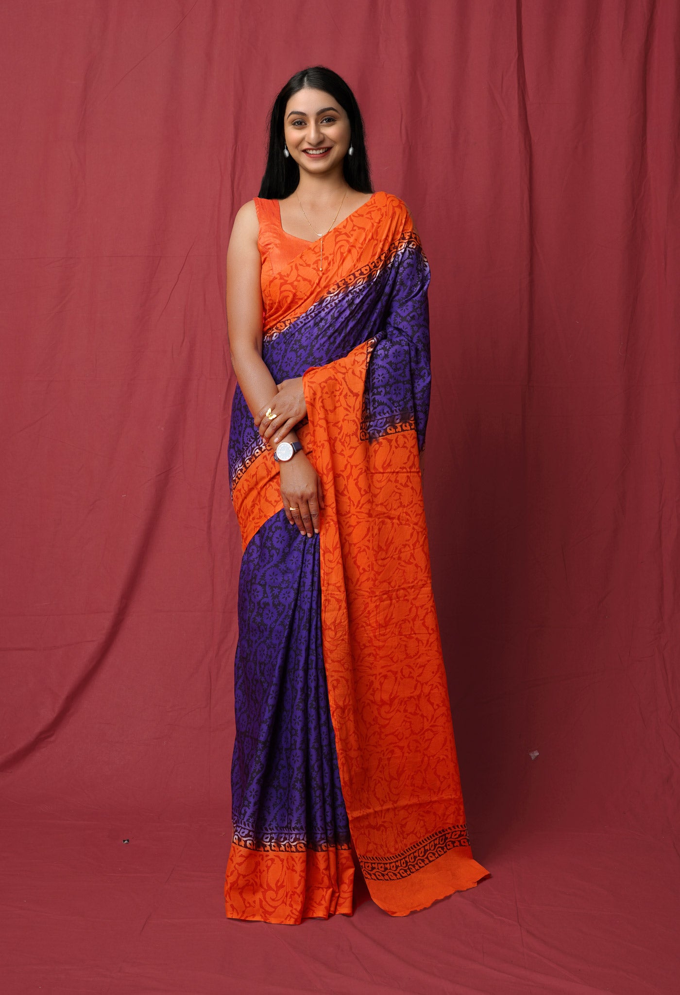 Violet Pure Hand Block Printed Soft Cotton Saree