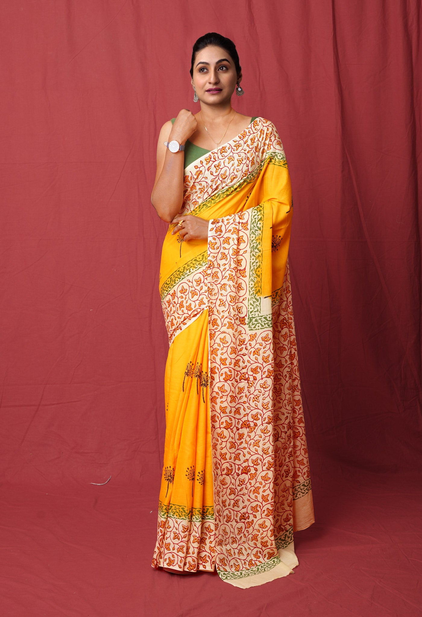 Yellow Pure Hand Block Printed Soft Cotton Saree