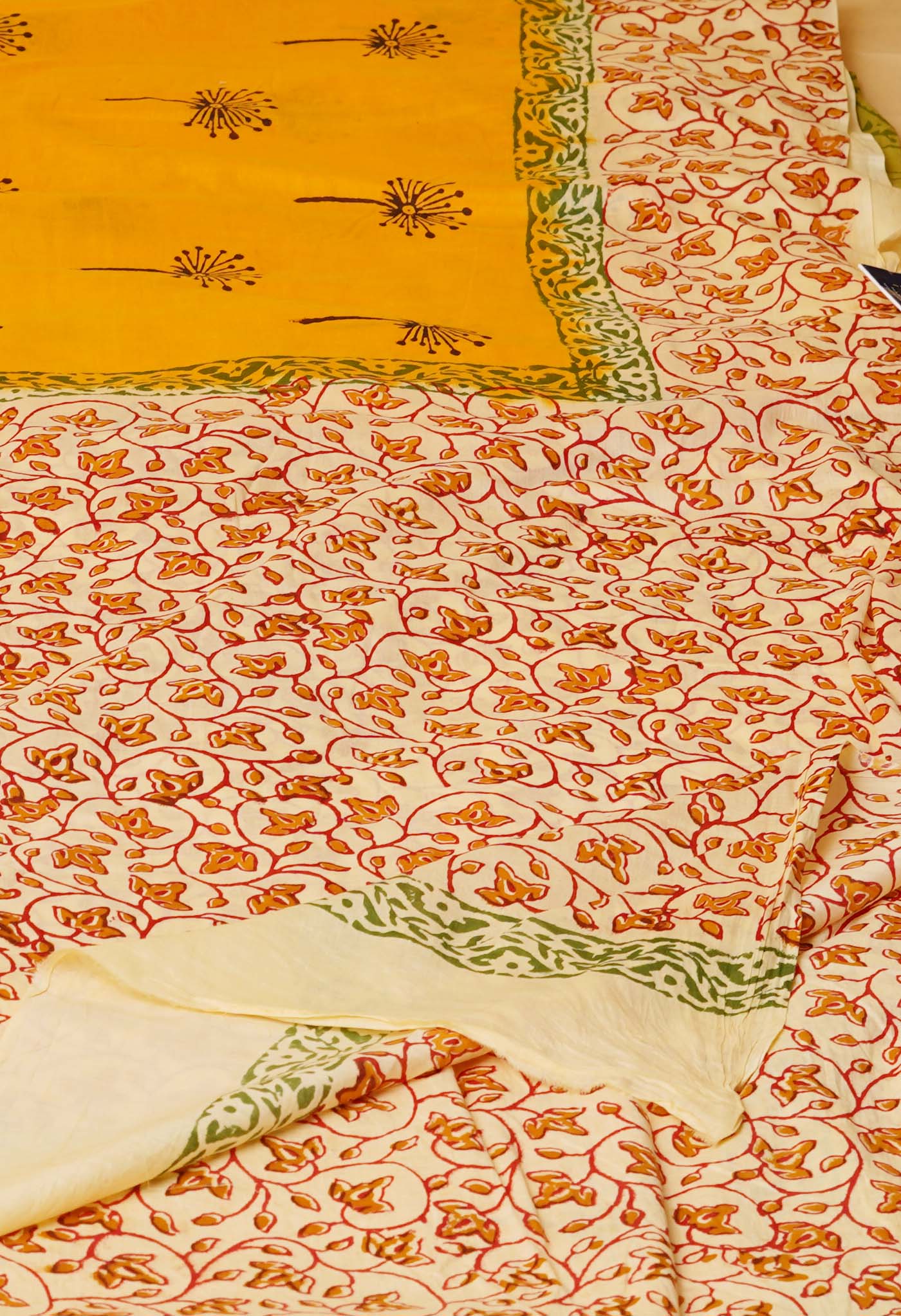 Yellow Pure Hand Block Printed Soft Cotton Saree