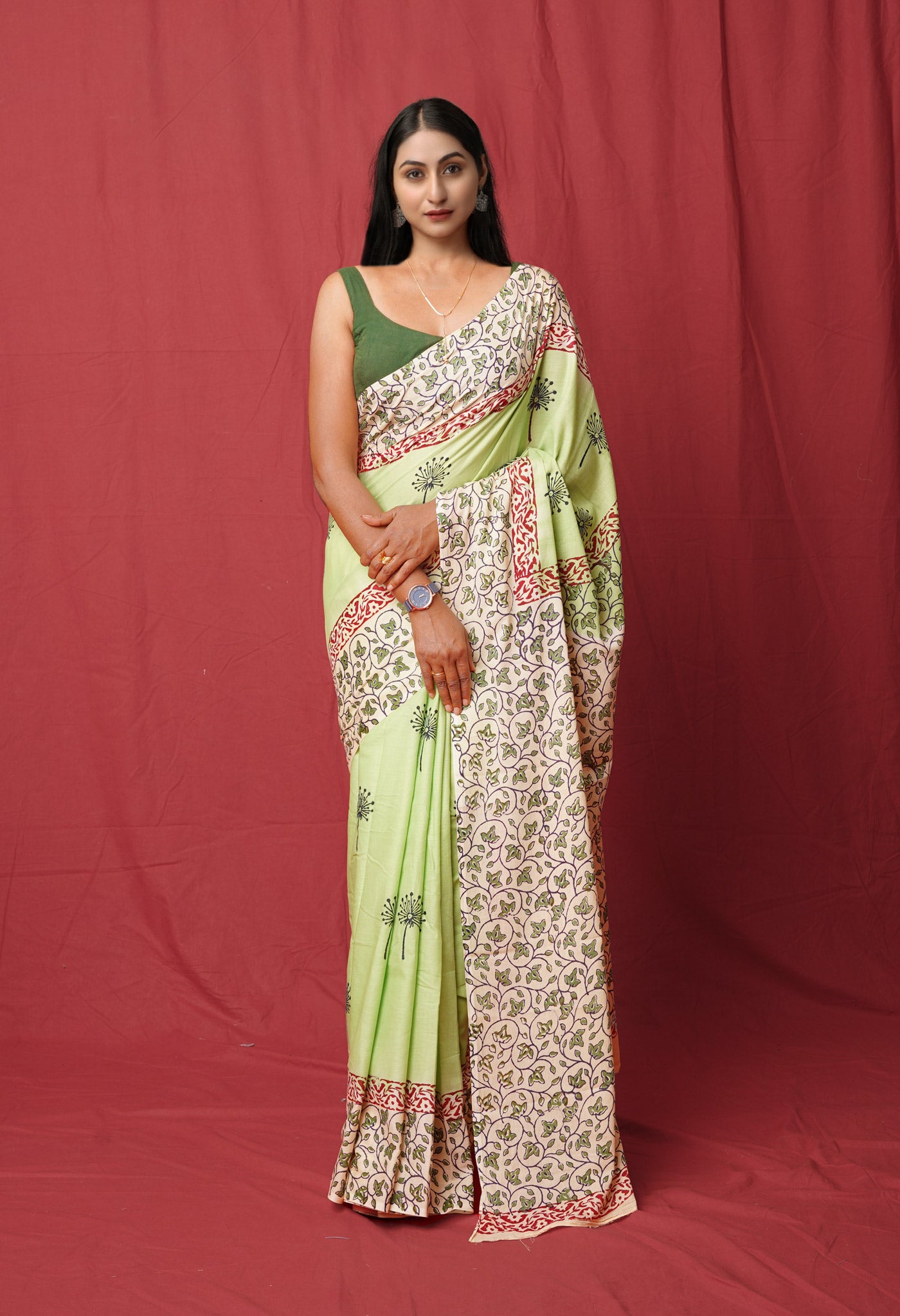 Green Pure Hand Block Printed Soft Cotton Saree
