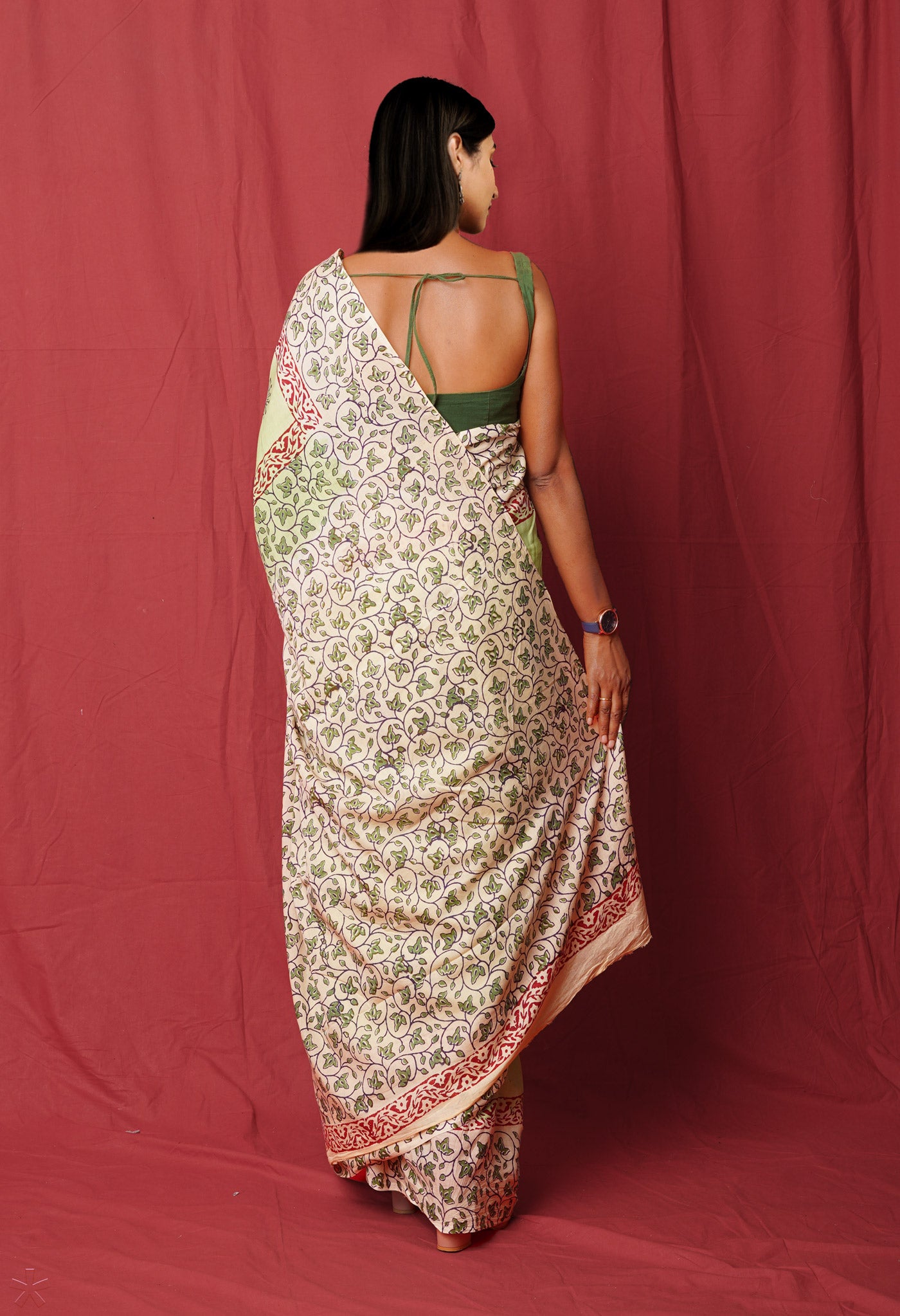 Green Pure Hand Block Printed Soft Cotton Saree