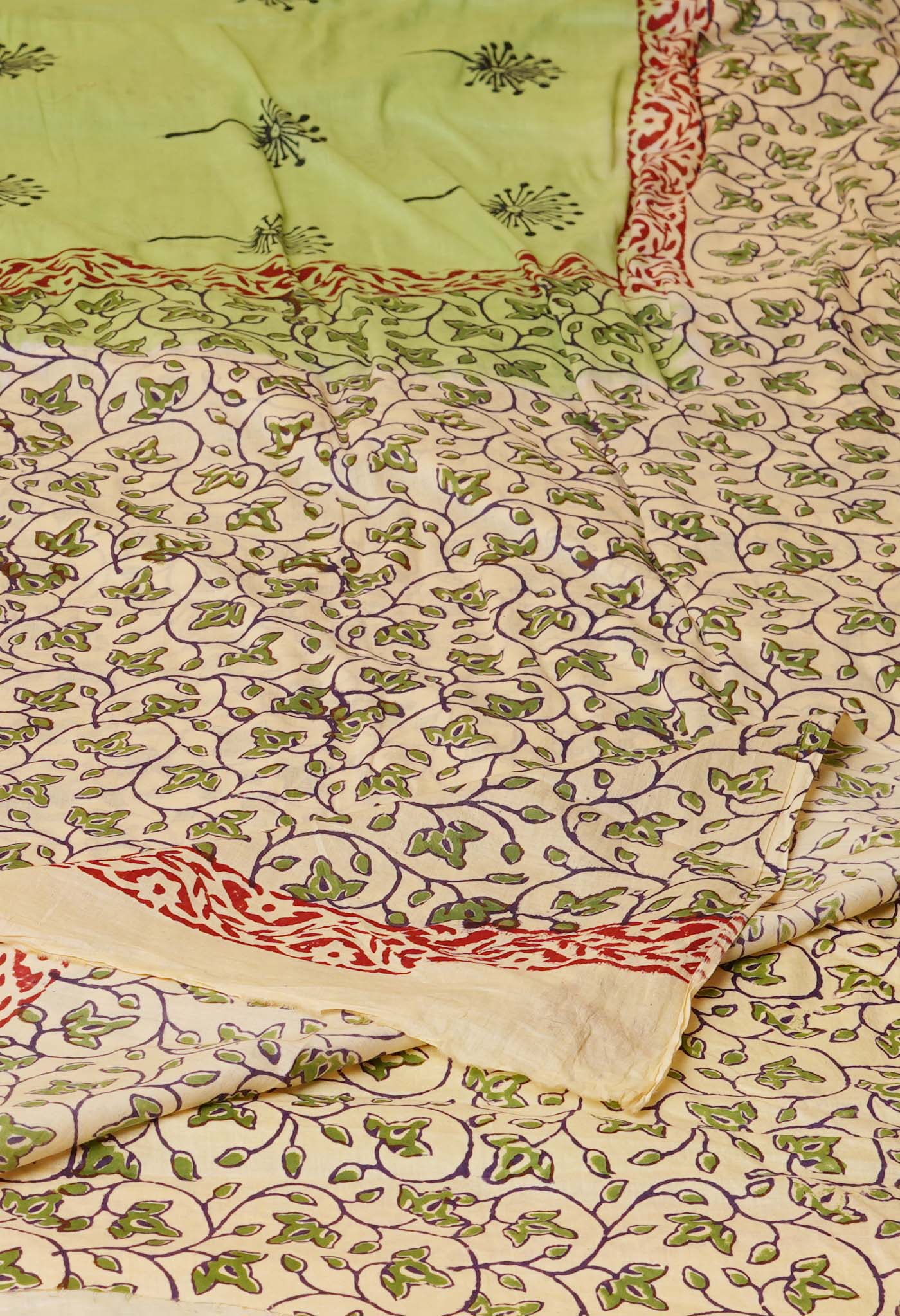 Green Pure Hand Block Printed Soft Cotton Saree