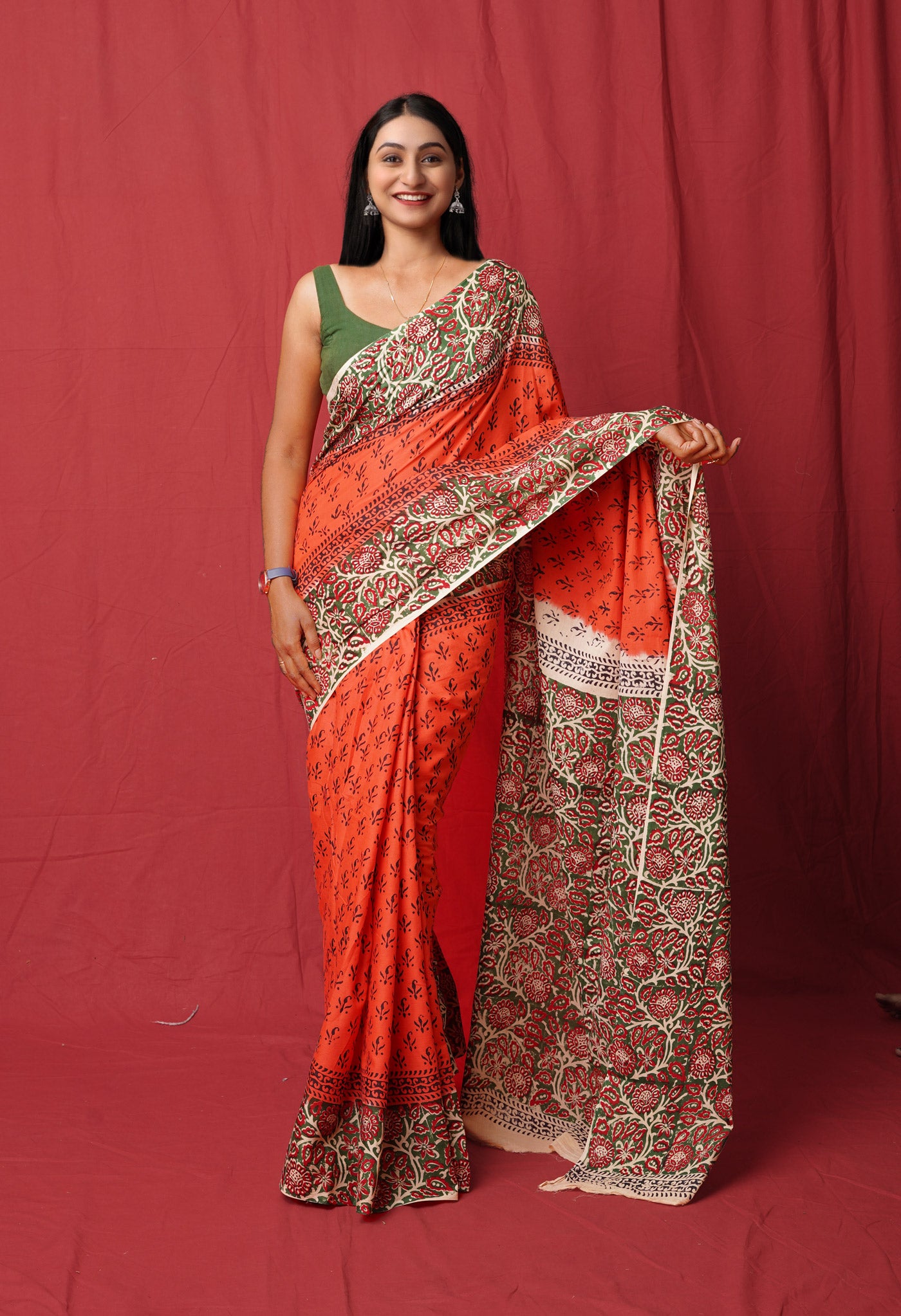 Orange Pure Hand Block Printed Soft Cotton Saree