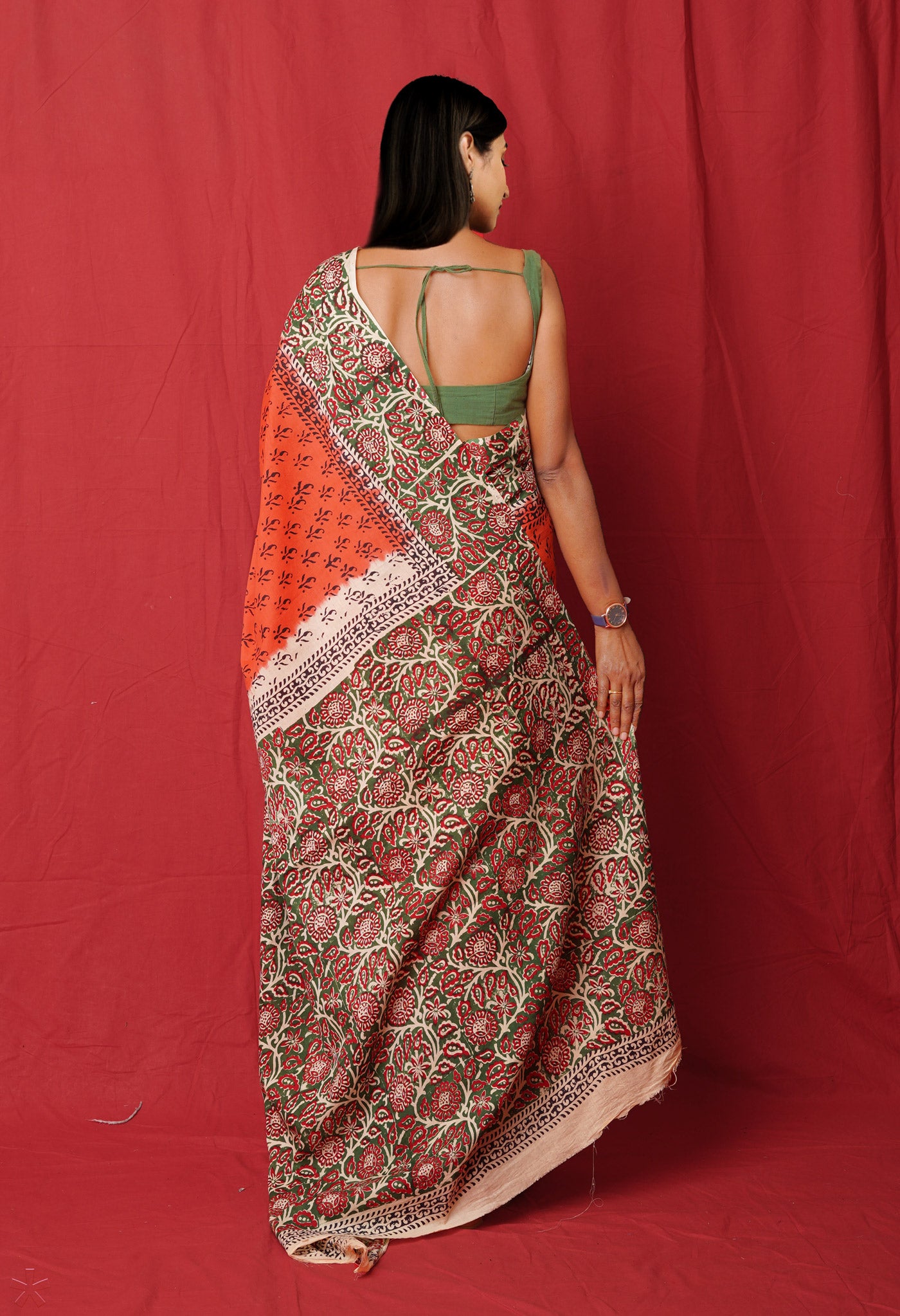 Orange Pure Hand Block Printed Soft Cotton Saree