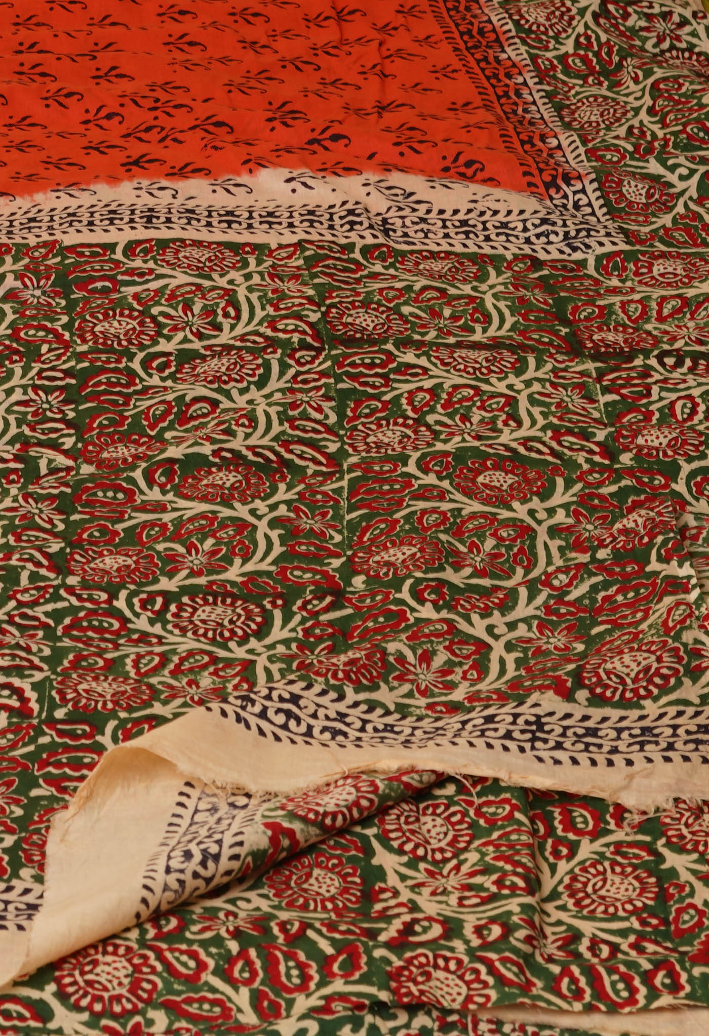 Orange Pure Hand Block Printed Soft Cotton Saree