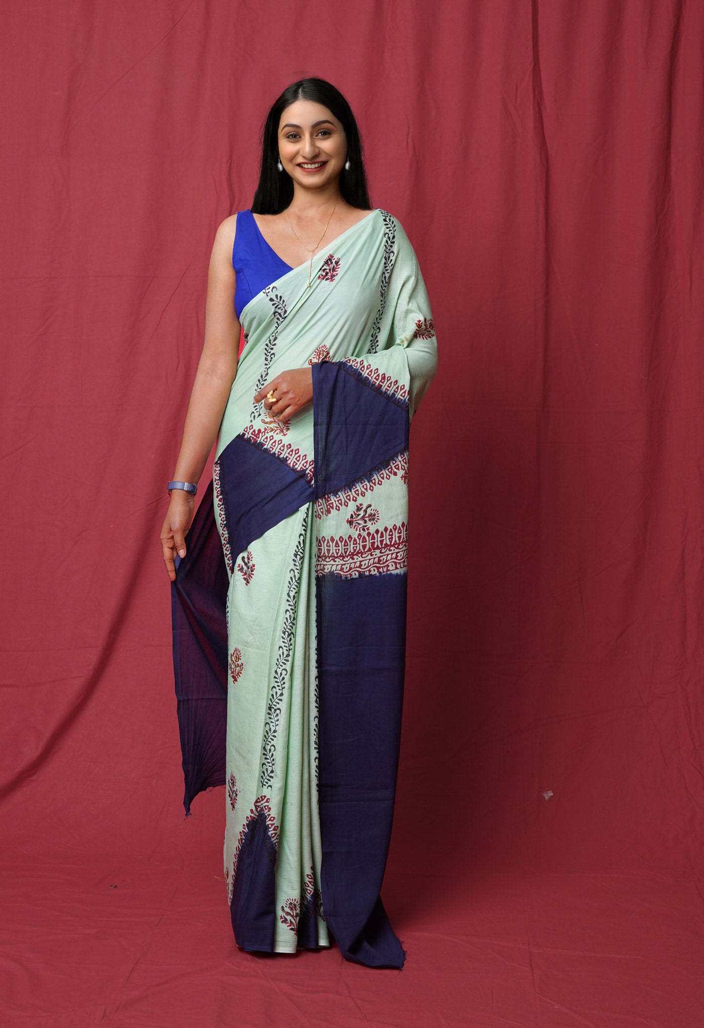 Green Pure Hand Block Printed Soft Cotton Saree